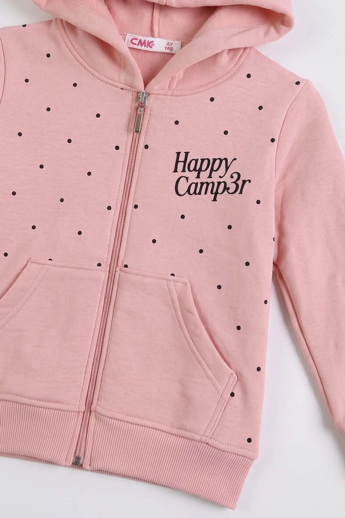Yavruağzı (3-12 Yaş) Noktalı Baskılı Kapüşonlu 3 İp Şardonlu Kız Çocuk Sweatshirt 483898