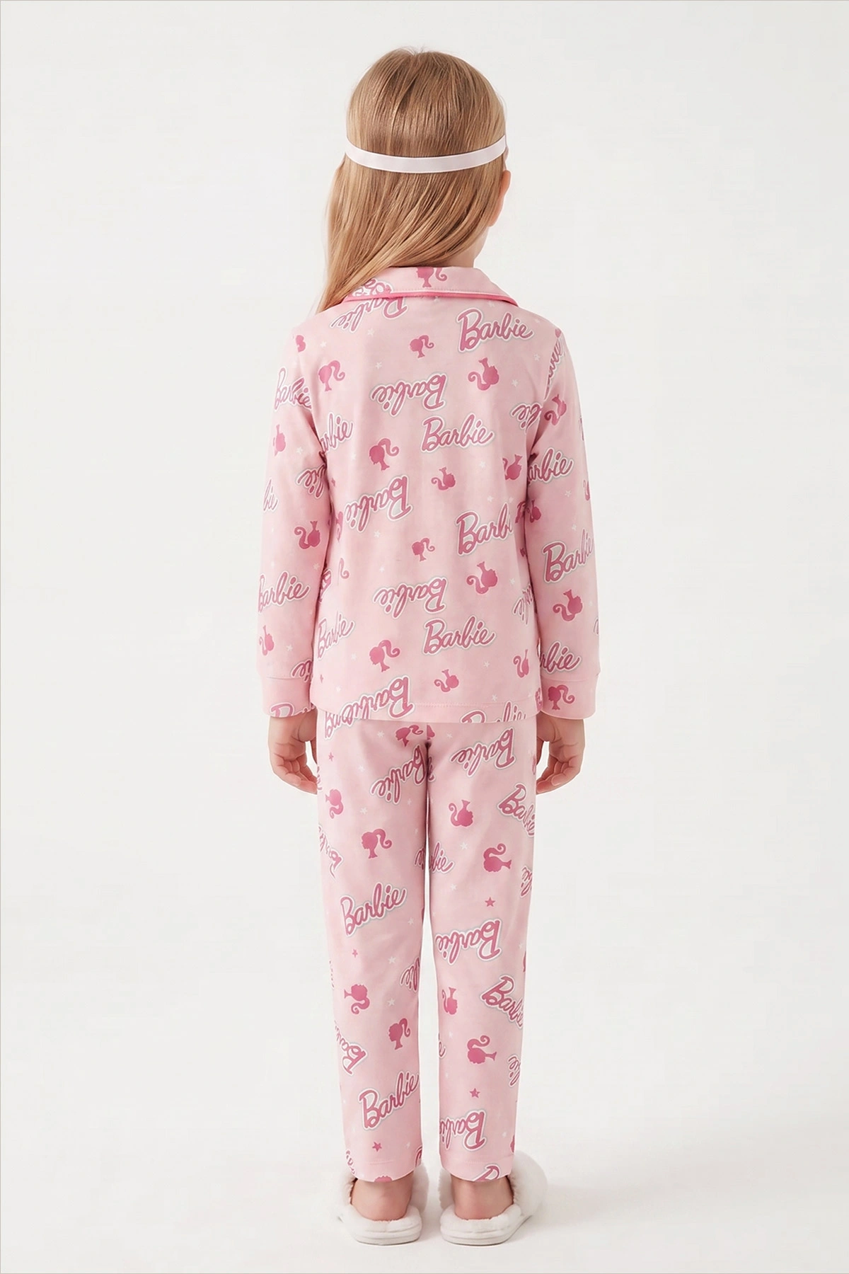 Yavruağzı (4-12 Yaş) Desenli   Uzun Kol  Ön Düğmeli Göz Bandı Detaylı Kız Çocuk Pijama Takım 473643