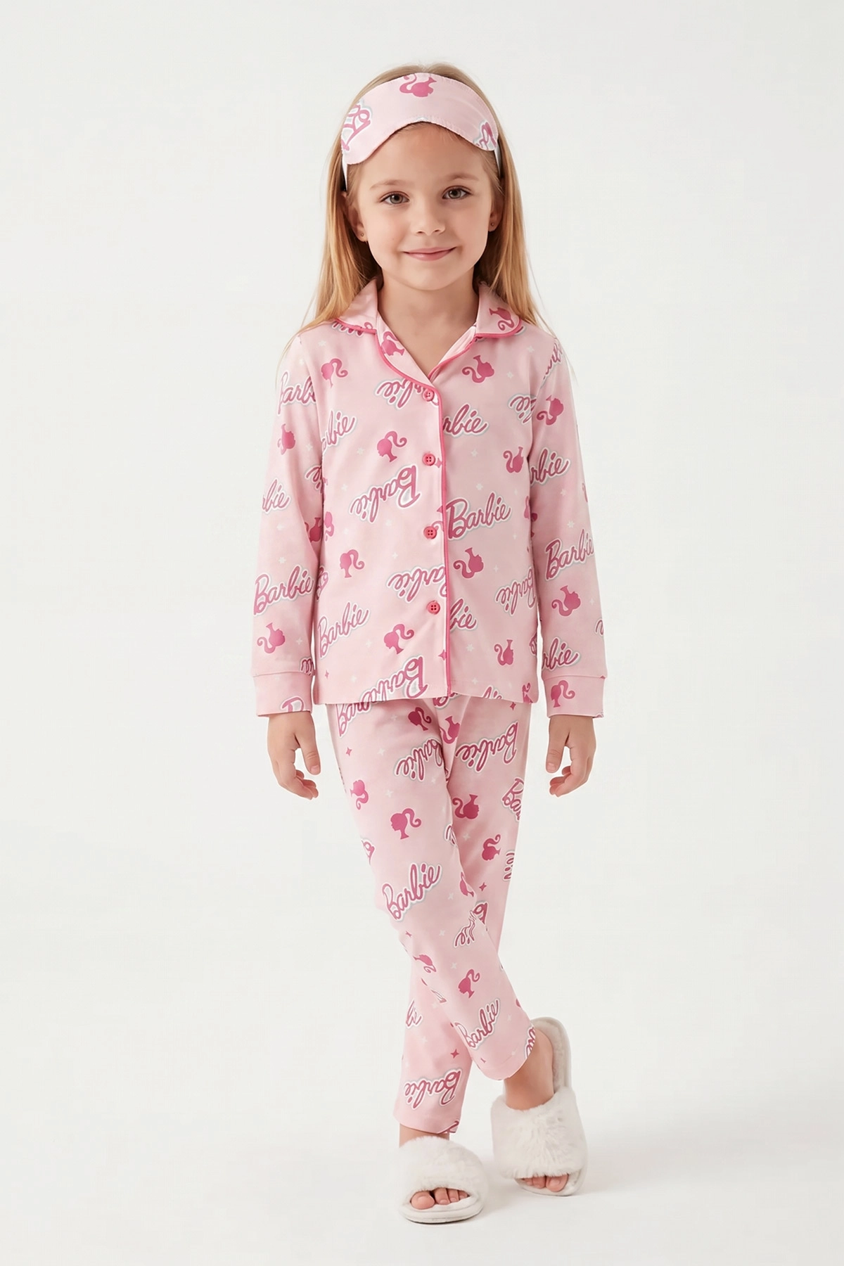 Yavruağzı (4-12 Yaş) Desenli Uzun Kol Ön Düğmeli Göz Bandı Detaylı Kız Çocuk Pijama Takım 473643