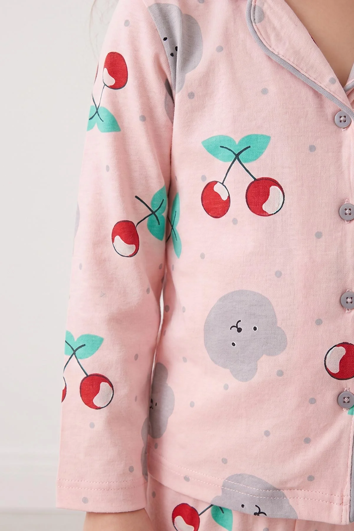 Yavruağzı (4-12 Yaş) Desenli   Uzun Kol  Ön Düğmeli Göz Bandı Detaylı Kız Çocuk Pijama Takım 473649