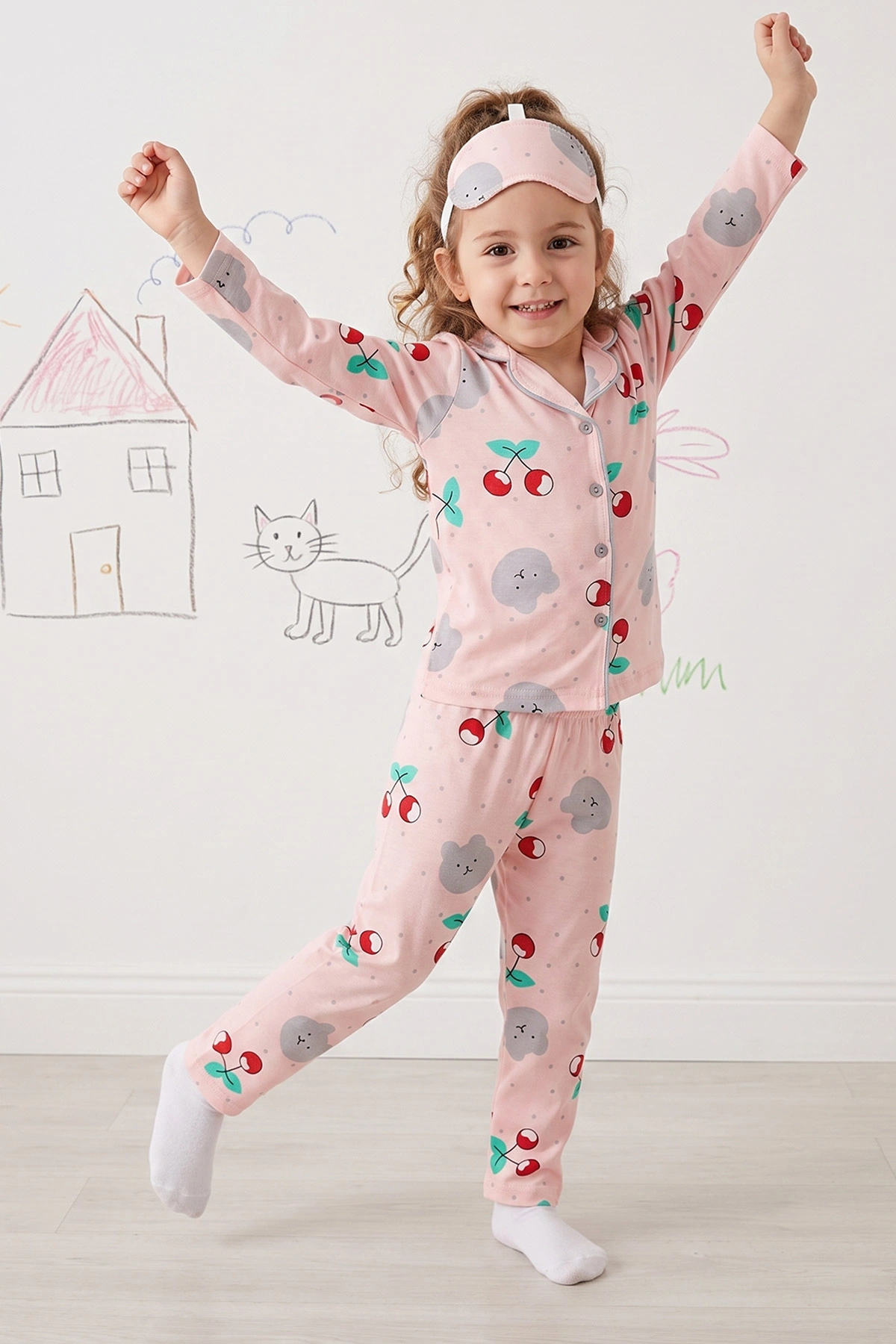 Yavruağzı (4-12 Yaş) Desenli   Uzun Kol  Ön Düğmeli Göz Bandı Detaylı Kız Çocuk Pijama Takım 473649