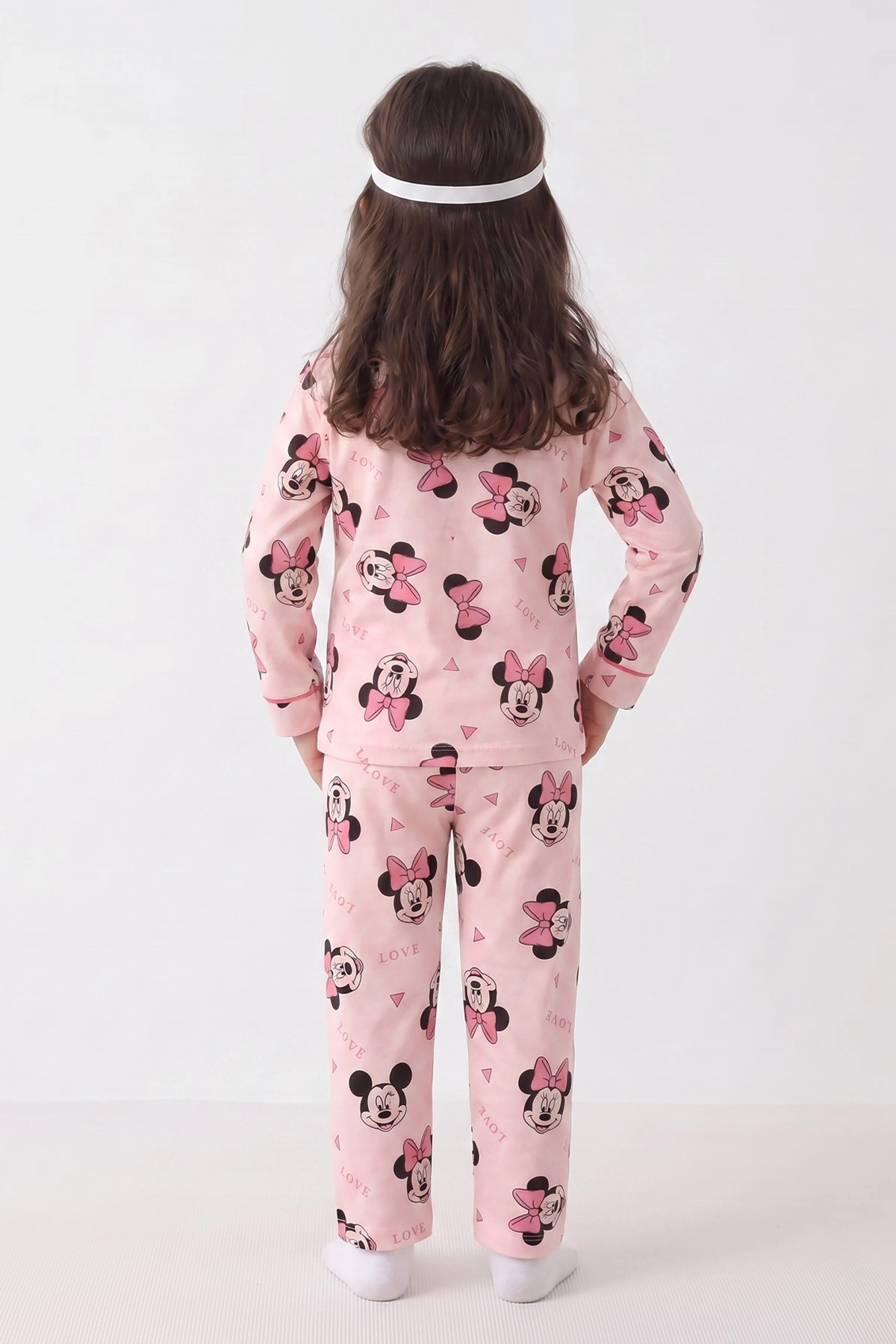 Yavruağzı (4-12 Yaş) Desenli   Uzun Kol  Ön Düğmeli Göz Bandı Detaylı Kız Çocuk Pijama Takım 473655