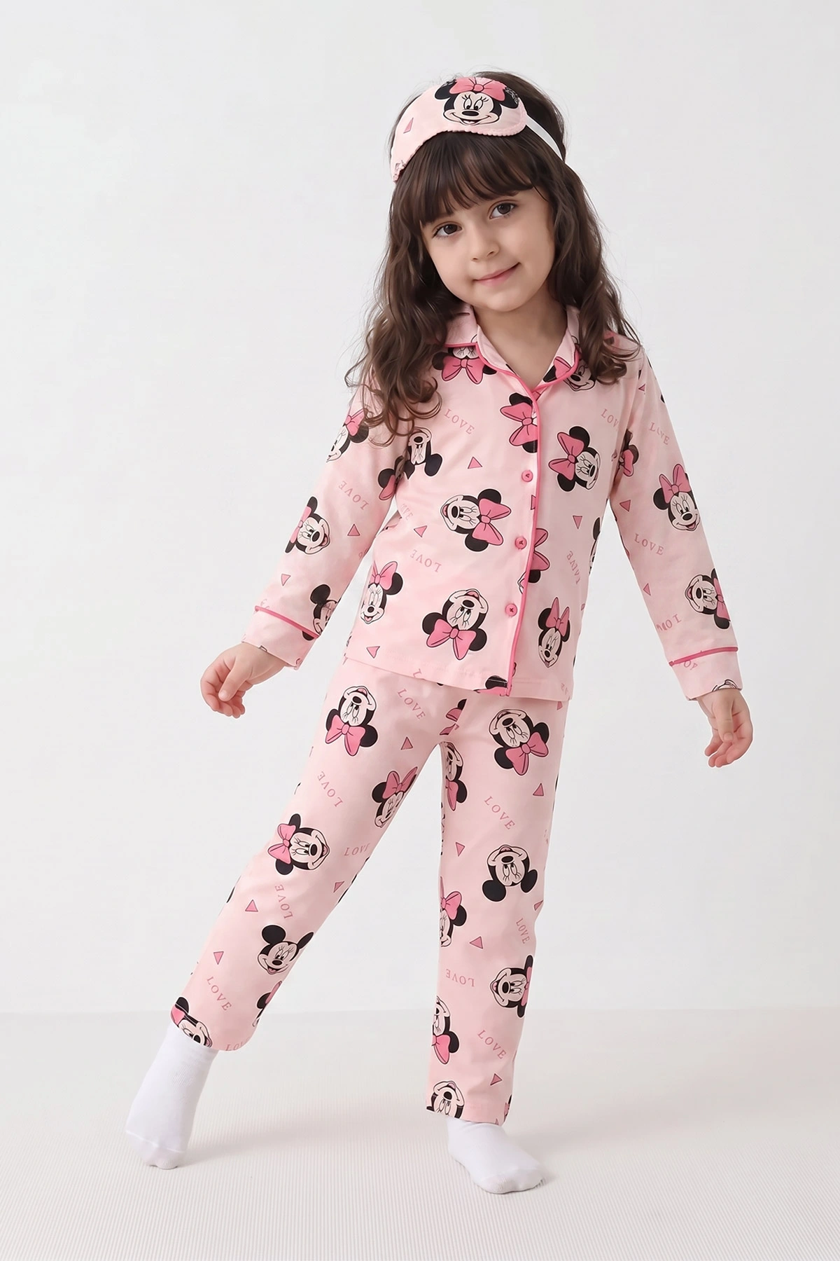Yavruağzı (4-12 Yaş) Desenli   Uzun Kol  Ön Düğmeli Göz Bandı Detaylı Kız Çocuk Pijama Takım 473655