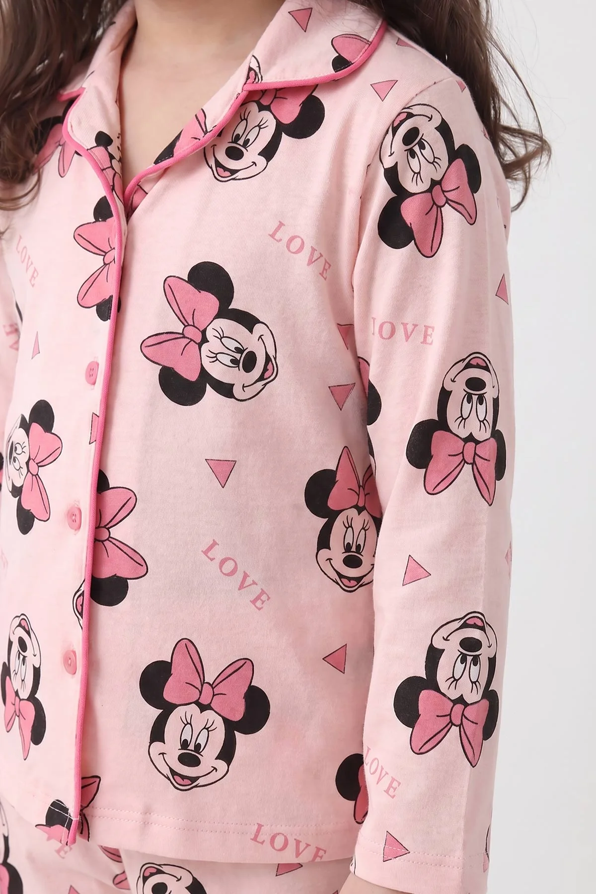 Yavruağzı (4-12 Yaş) Desenli   Uzun Kol  Ön Düğmeli Göz Bandı Detaylı Kız Çocuk Pijama Takım 473655