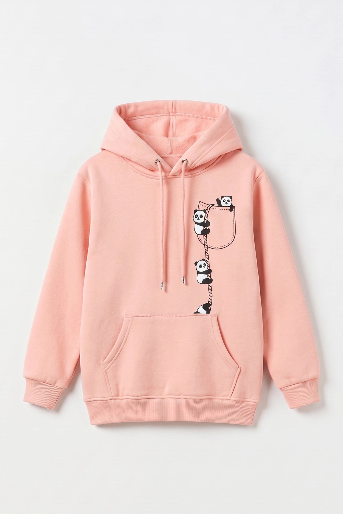 Yavruağzı (4-12 Yaş) Panda Baskılı Kapüşonlu ve Kanguru Cepli 3 İp Şardonlu  Kız Çocuk Sweatshirt 497532