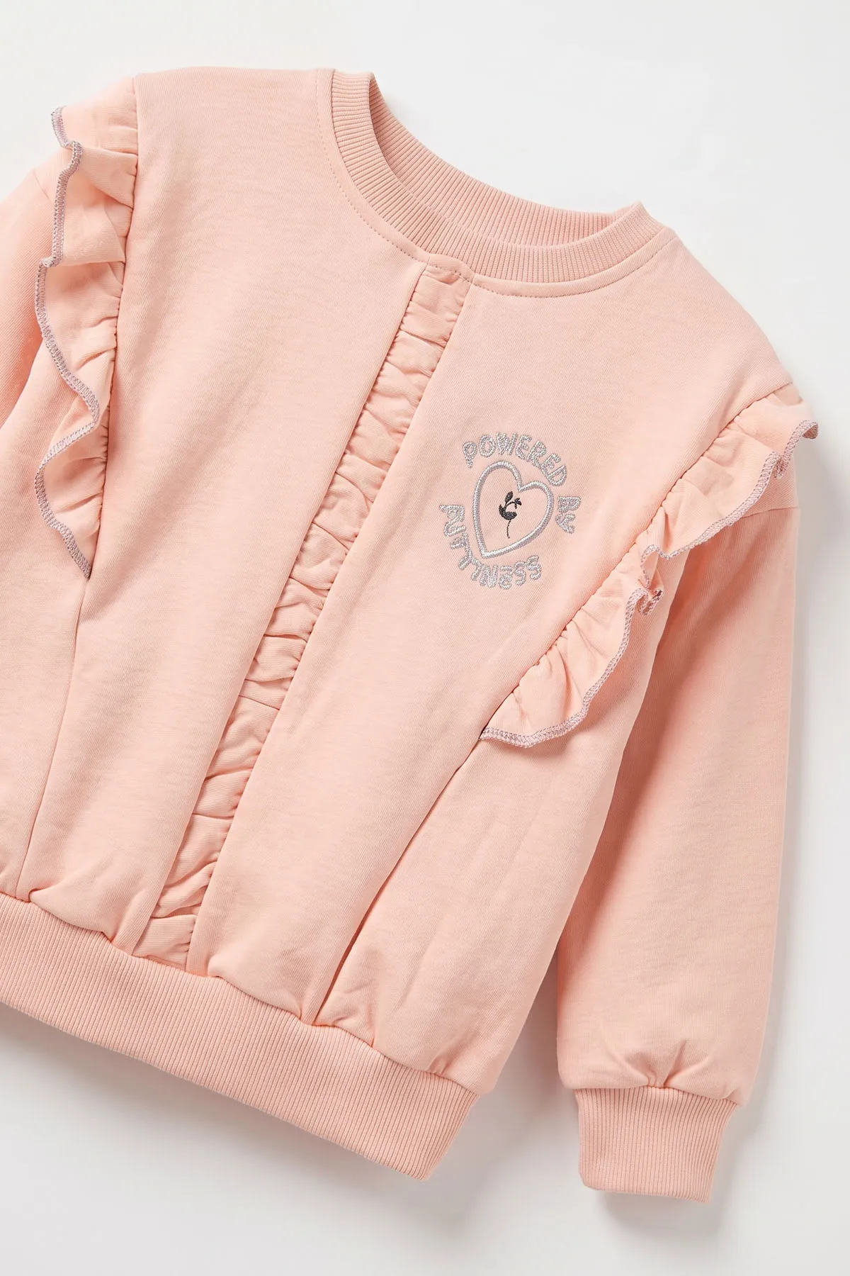 Yavruağzı (4-8 Yaş) Büzgülü Fırfırlı Kalp Nakışlı  2 İp Şardonlu Kız Çocuk Sweatshirt 489315