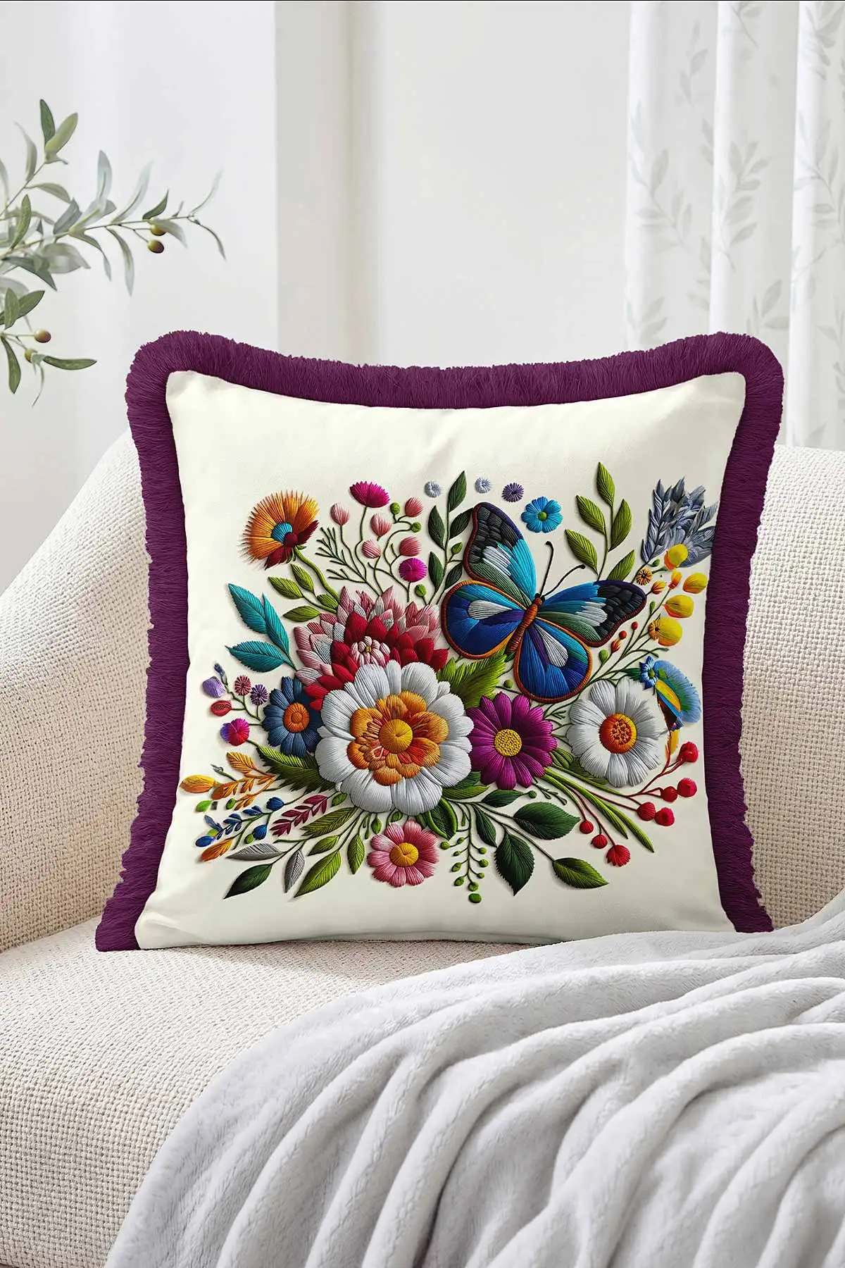 43x43 Cm Dijital Baskılı Fermuarlı Çift Taraflı Saçaklı Kırlent Kılıfı 483475
