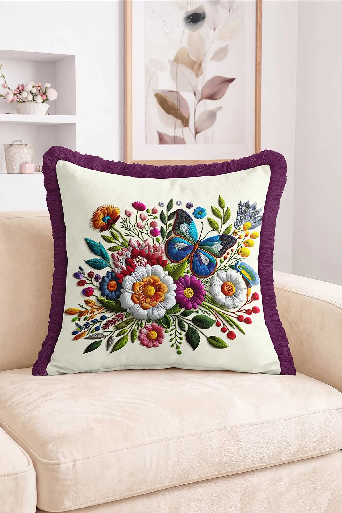 43x43 Cm Dijital Baskılı Fermuarlı Çift Taraflı Saçaklı Kırlent Kılıfı 483475