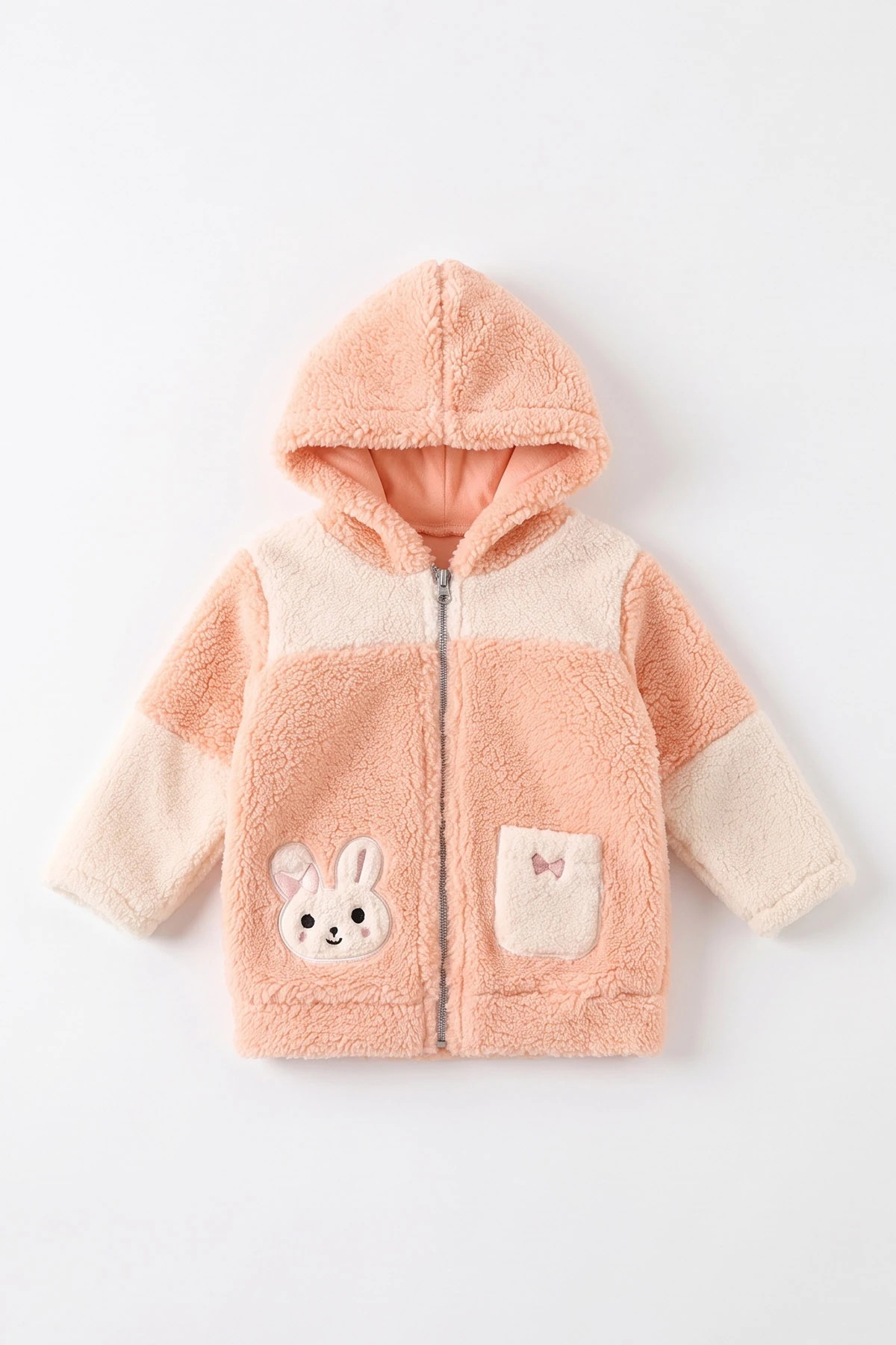Yavruağzı (6-18 Ay) Tavşan Nakışlı Kapüşonlu Peluş Kız Bebek Hırka 495889