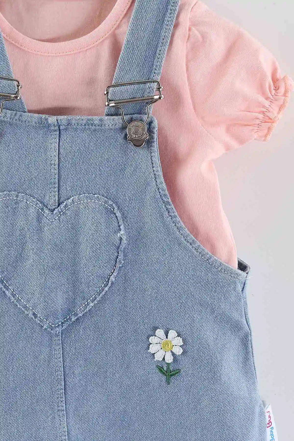Yavruağzı (6-24 Ay) Papatya Nakışlı   Ayarlanabilir Askılı Tişörtlü  Kot Kız Bebek Elbise 445435