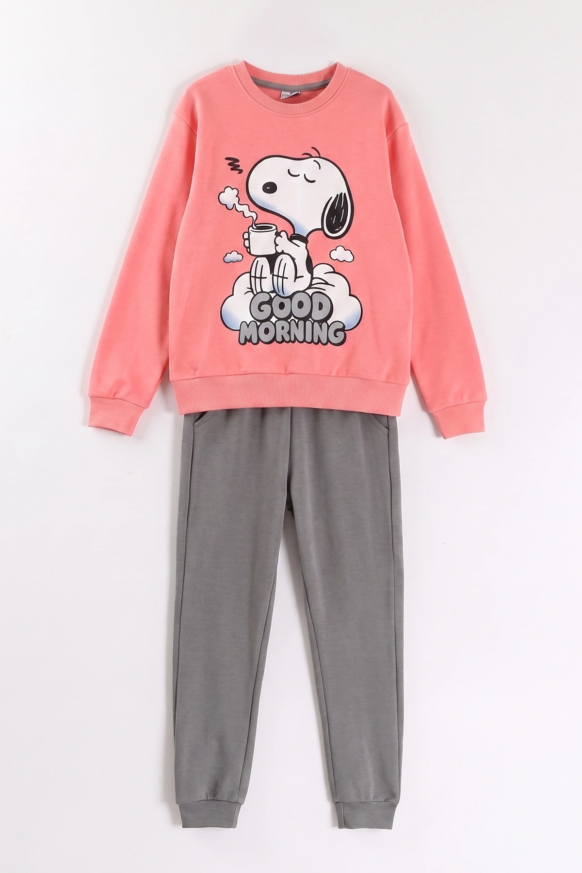 Yavruağzı (7-11 Yaş) Good Morning Baskılı Ribana Kumaş Kız Çocuk Pijama Takımı 477070