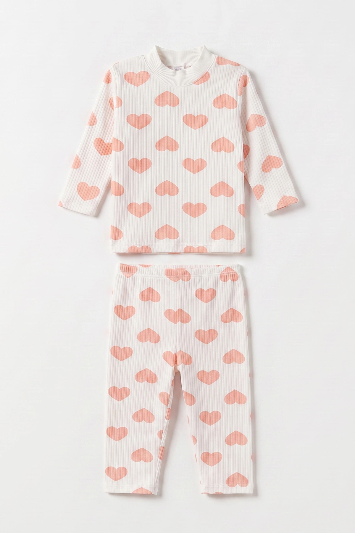 Yavruağzı Beyaz   (1-3 Yaş) Kalp Desenli  Raporlu Kız Çocuk Pijama Takım 477350