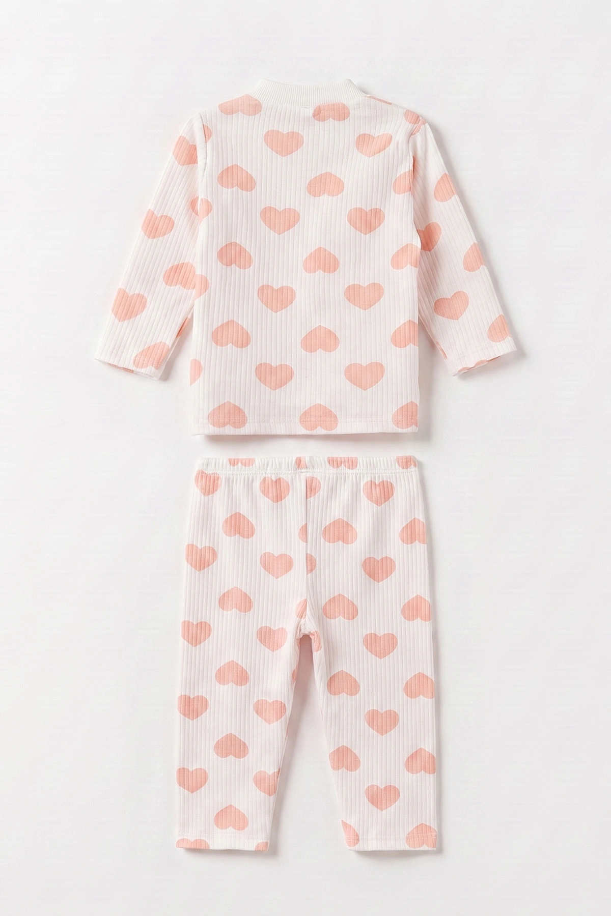 Yavruağzı Beyaz   (1-3 Yaş) Kalp Desenli  Raporlu Kız Çocuk Pijama Takım 477350