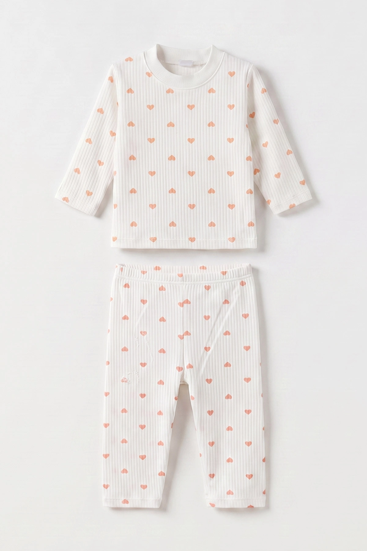 Yavruağzı Beyaz   (1-3 Yaş) Küçük Kalp Desenli  Raporlu Kız Çocuk Pijama Takım 477354