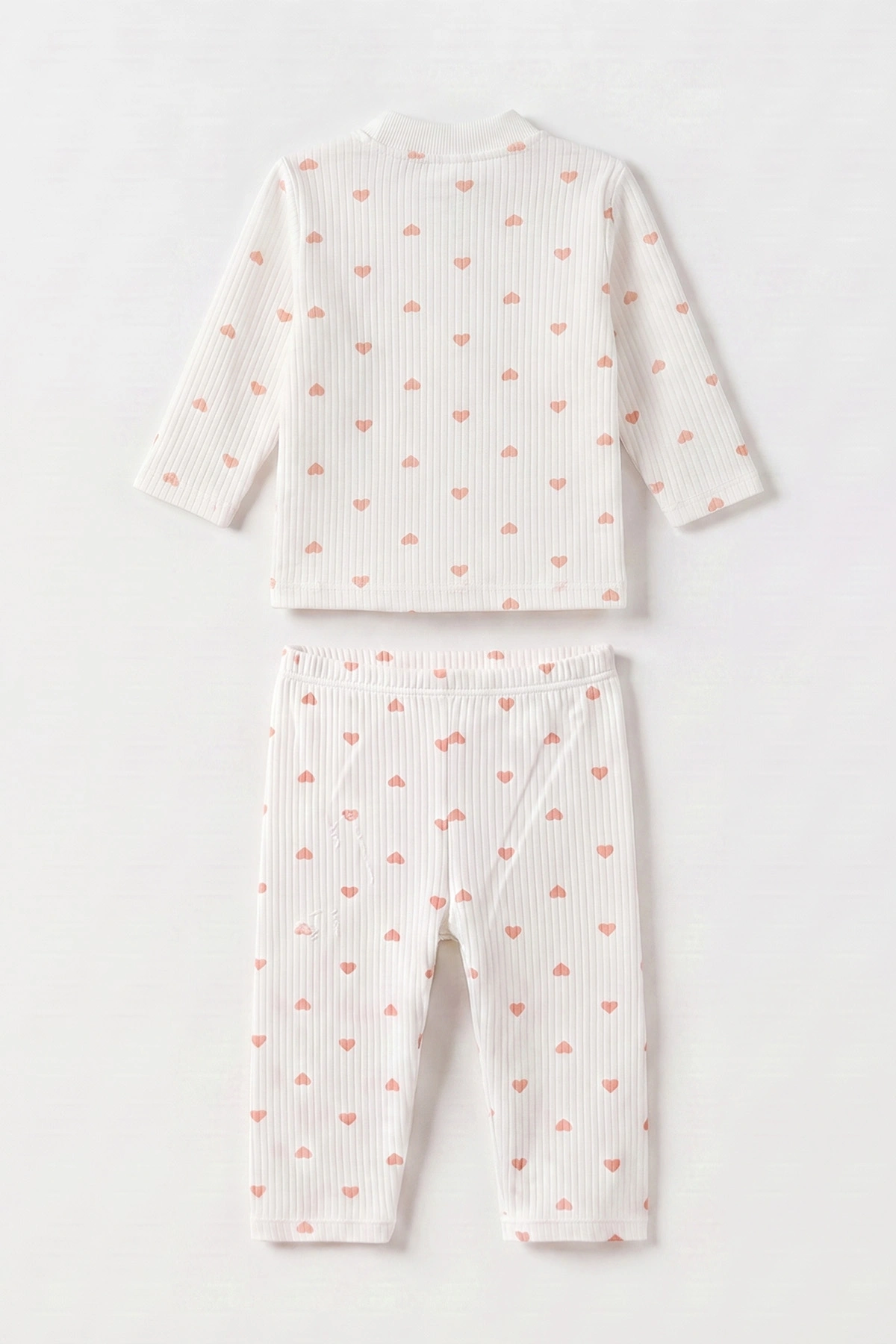 Yavruağzı Beyaz   (1-3 Yaş) Küçük Kalp Desenli  Raporlu Kız Çocuk Pijama Takım 477354