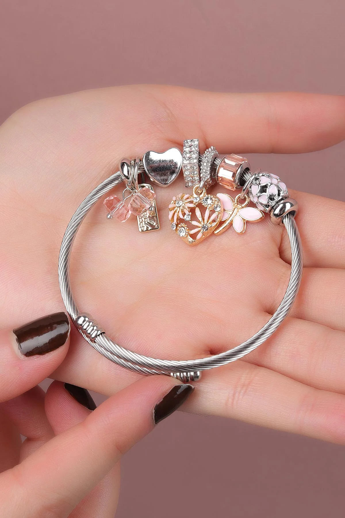 Yavruağzı Gümüş  Kelebek Detaylı  Zirkon Taşlı Çelik Pandora Bileklik 309983