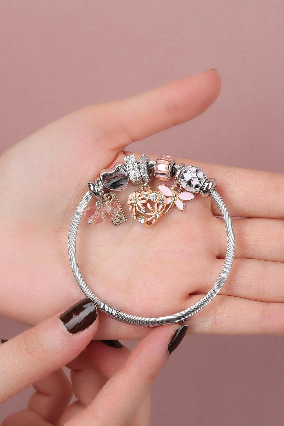 Yavruağzı Gümüş Kelebek Detaylı Zirkon Taşlı Çelik Pandora Bileklik 309983