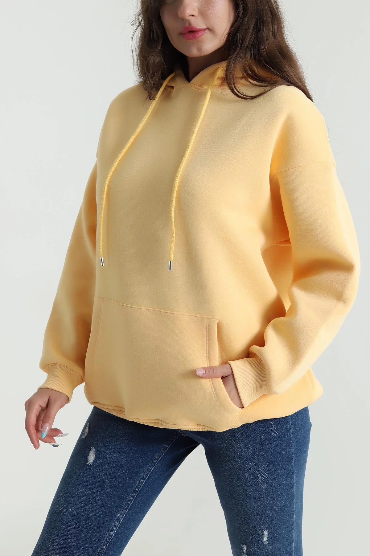 Yavruağzı Kapşonlu Şardonlu Üç İp Kadın Sweat 484975