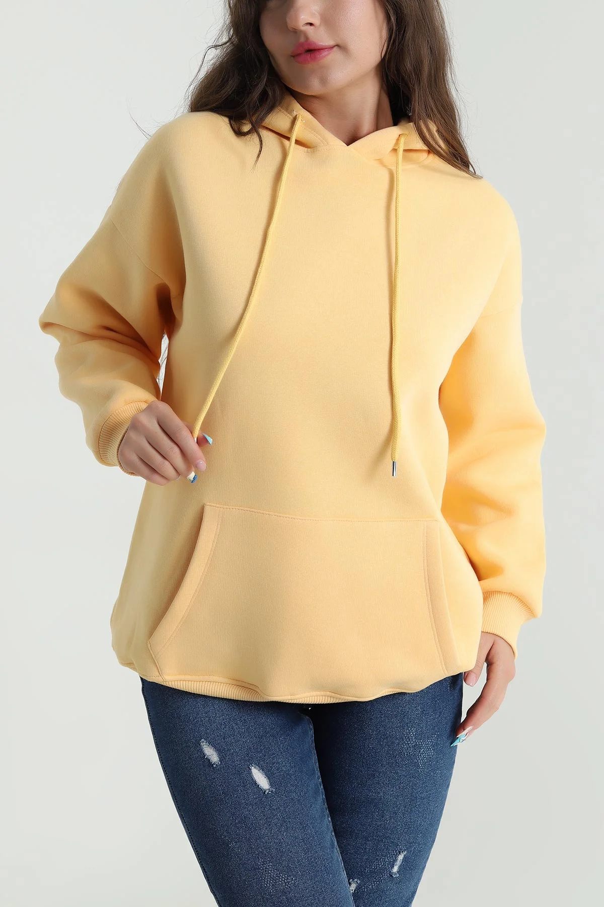 Yavruağzı Kapşonlu Şardonlu Üç İp Kadın Sweat 484975