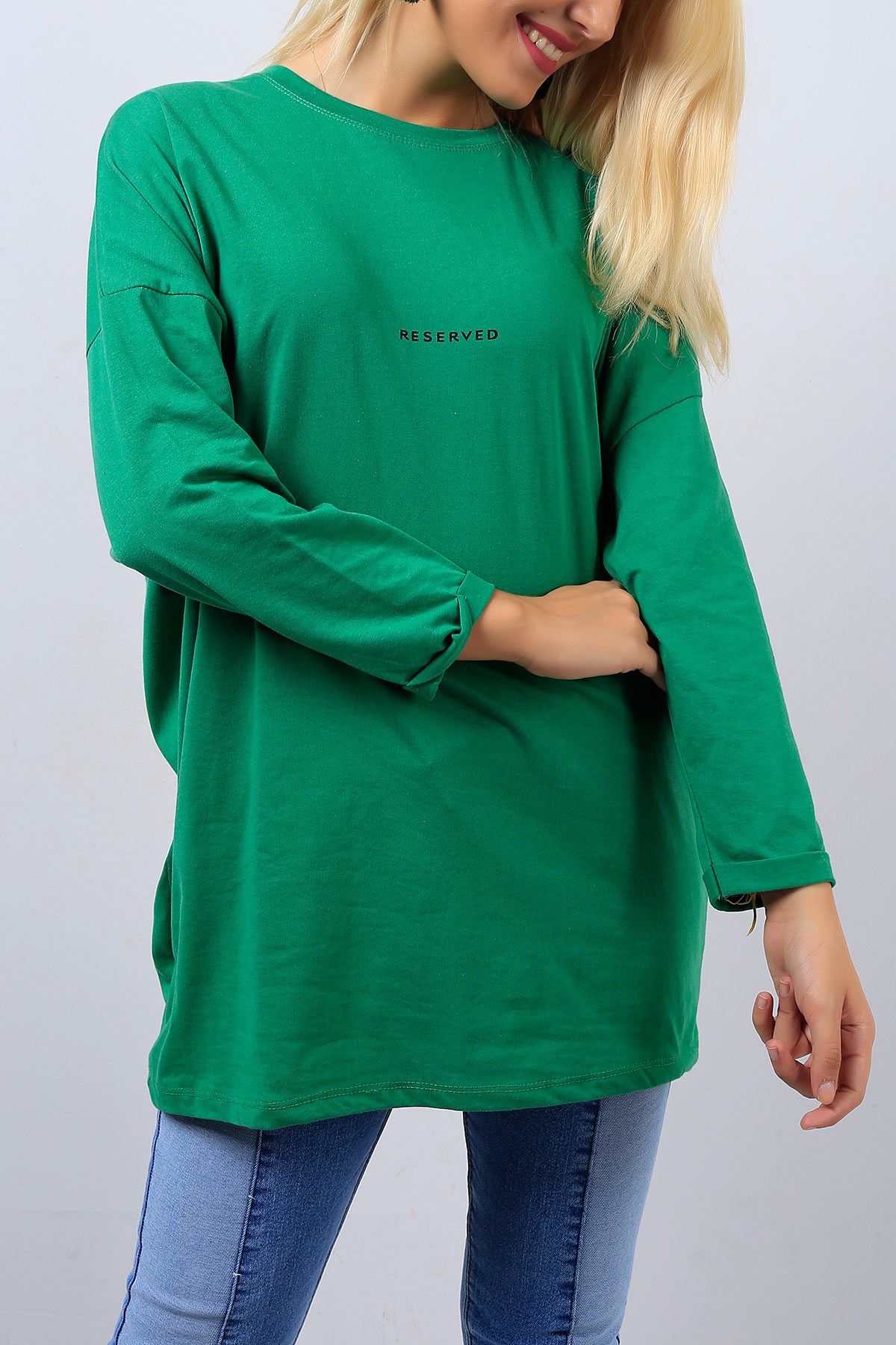 Yazılı Salaş Yeşil Bayan Sweat Modeli 8903B
