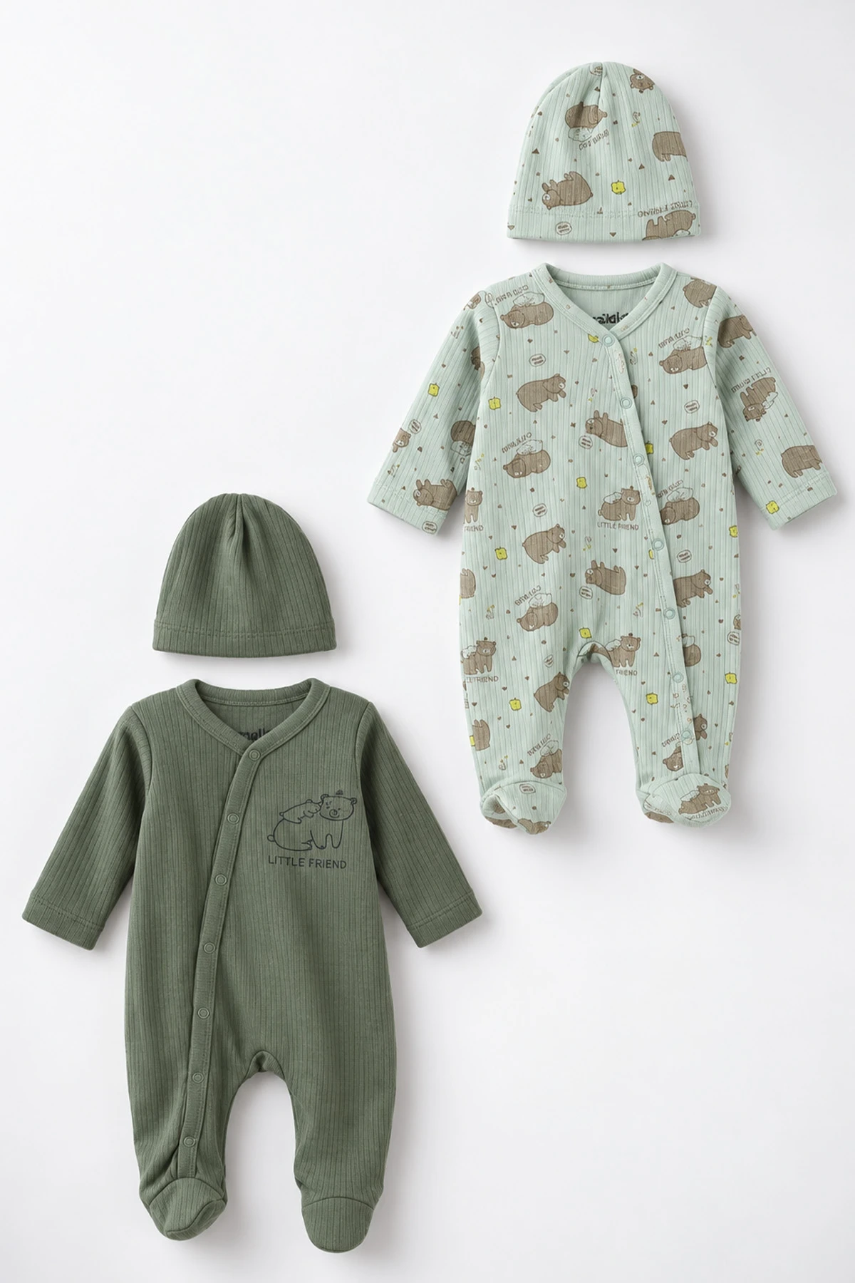 Yeşil (0-3 Ay) Little Friend Baskılı Raporlu ve Patikli 2'li Erkek Bebek Tulum 486912