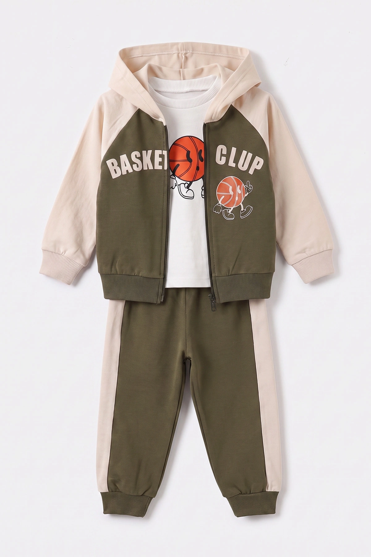 Yeşil (0-4 Yaş) Basketball Baskılı Kapüşonlu Fermuarlı Hırkalı Erkek Çocuk 2 İp 3'lü Takım 471507