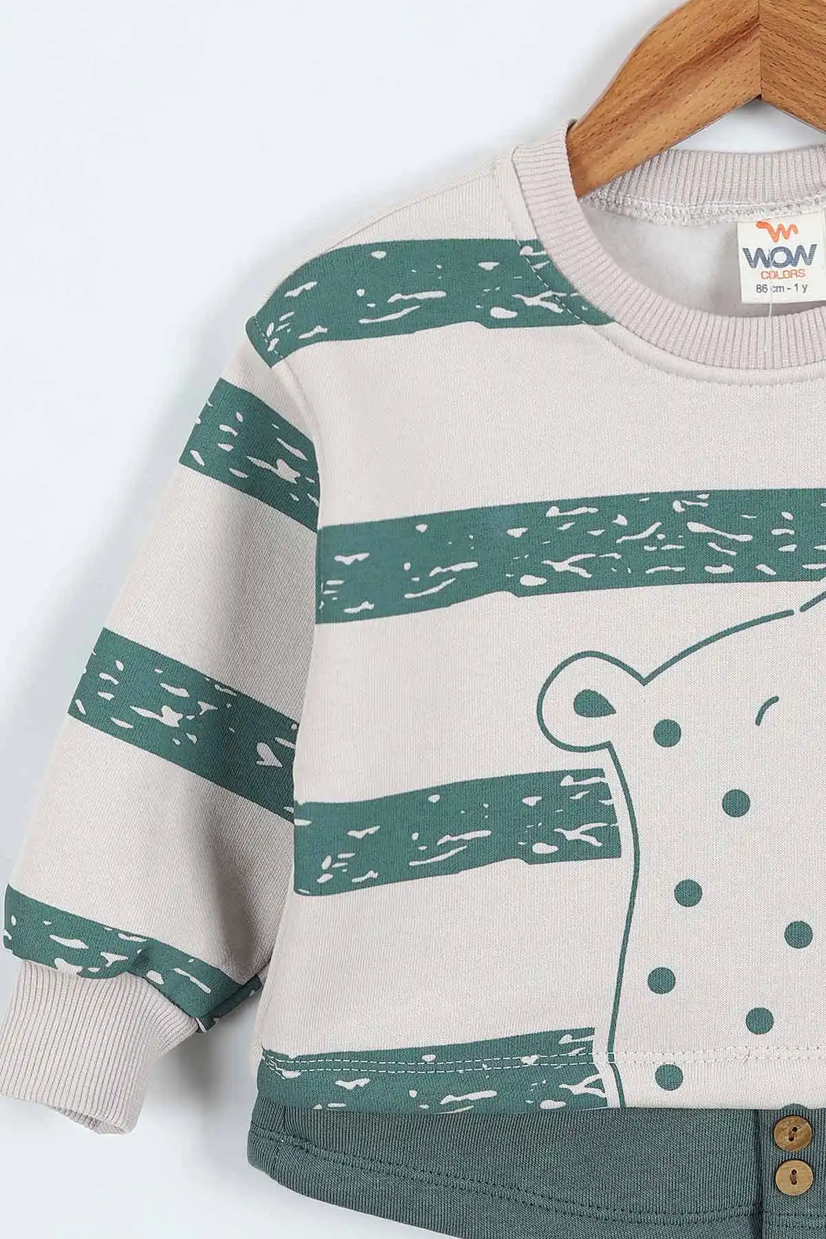 Yeşil (0-4 Yaş) Çizgili Hayvan Baskılı 3 İp Şardonlu Erkek Çocuk Sweatshirt 417554