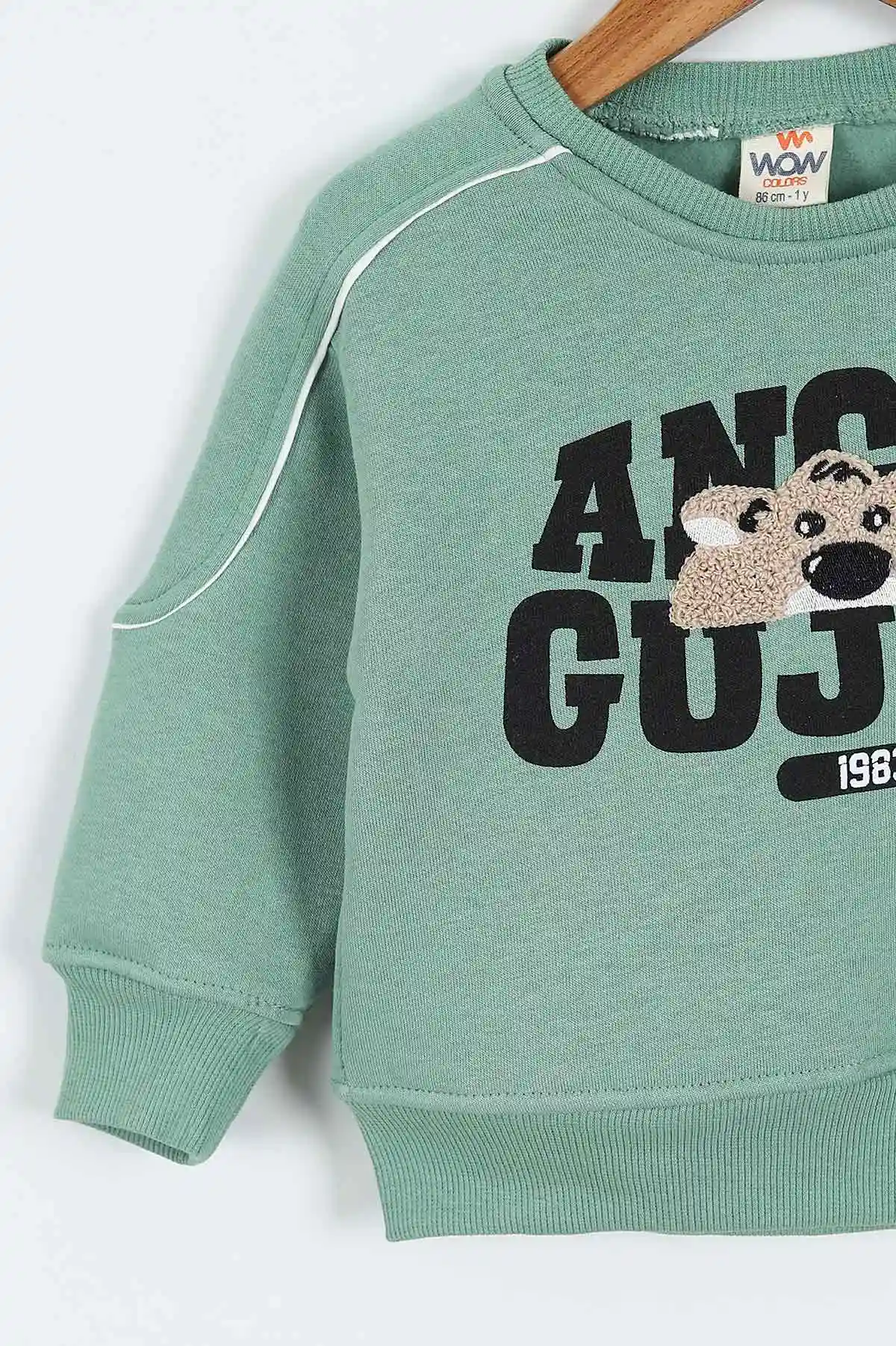 Yeşil (0-4 Yaş)Gujje Baskılı Biye Detaylı  3  İp Şardonlu Erkek Çocuk Sweatshirt 417567