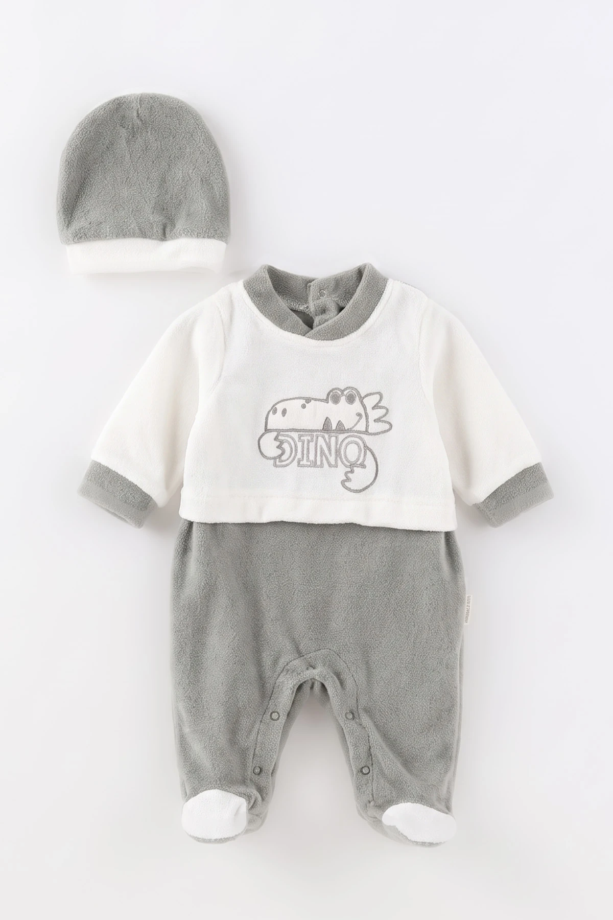 Yeşil (0-9 Ay) Dinozor Nakışlı Patikli Şapkalı Kadife Erkek Bebek Tulum 497892
