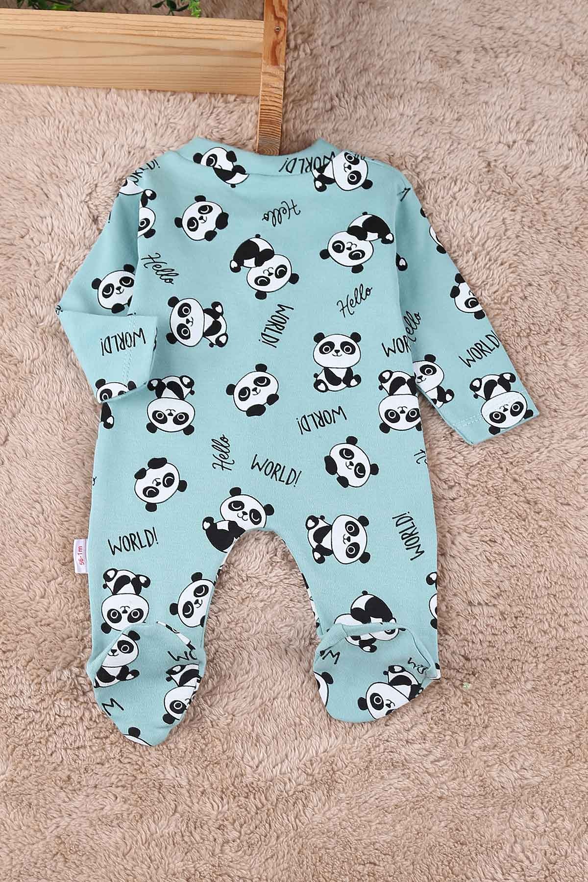 Yeşil (0-9 Ay) Panda Baskılı Çıtçıtlı Patikli Erkek Bebe Tulum 180090