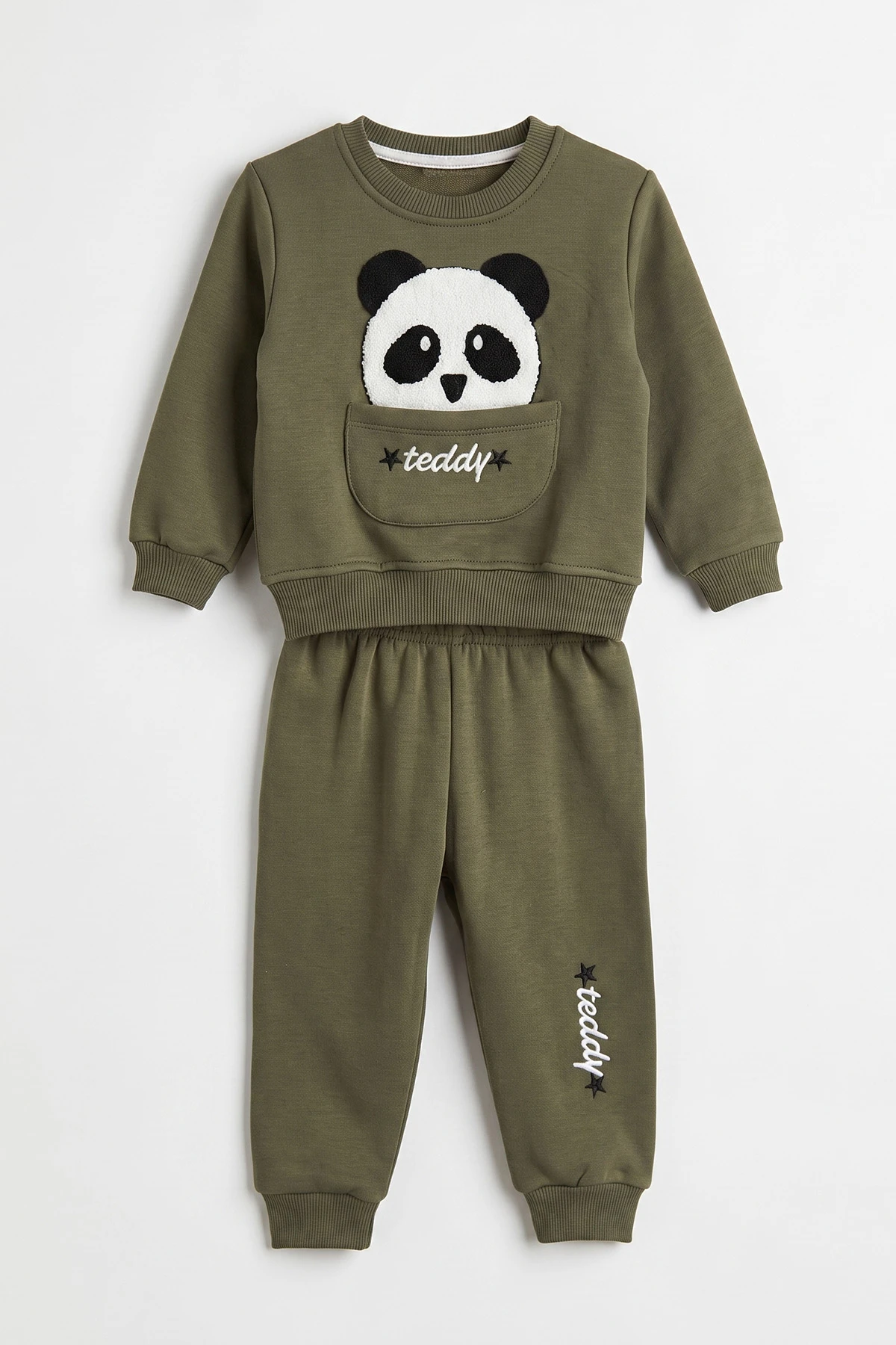 Yeşil (1-5 Yaş) Panda Nakışlı Cep Detay 3 İp Şardonlu Erkek Çocuk Kışlık Takım 486834