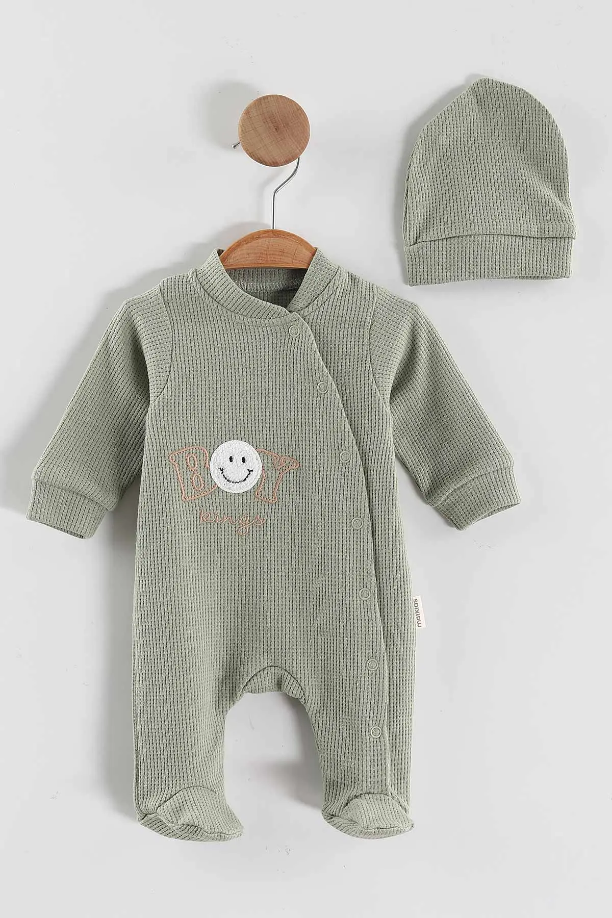 Yeşil (1-9 Ay)Boy Nakışlı Waffle Kumaş Çapraz Çıtçıtlı Erkek Bebek Tulum 434937
