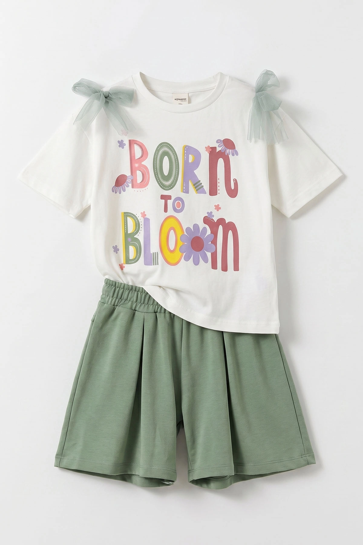 Yeşil (1-9 Yaş) Born Bloom Baskılı Tülli Fiyonklu Tişörtlü Şortlu Kız Çocuk 2'li Takım 461990