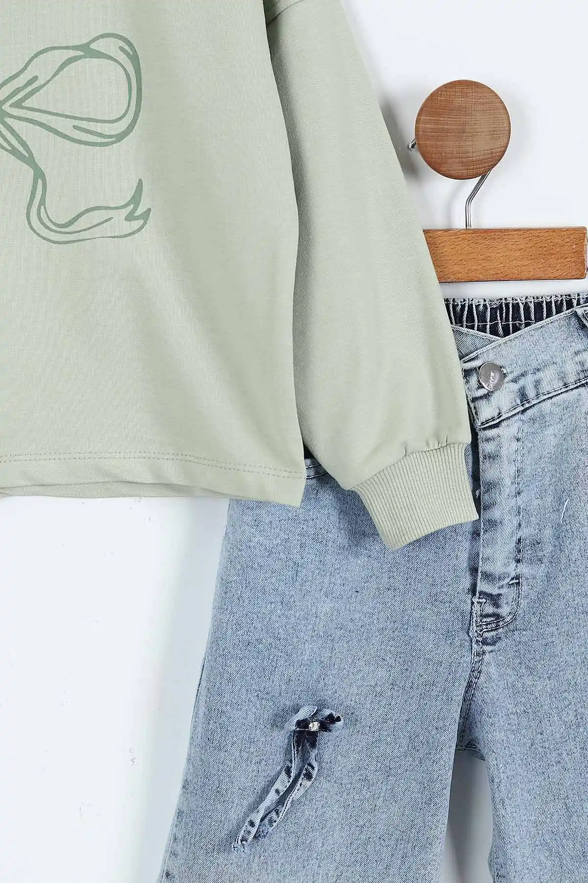 Yeşil (1-9 Yaş) Fiyonk Baskılı Sweatli Kot Pantolonlu Kız Çocuk 2'li Tkaım 410314