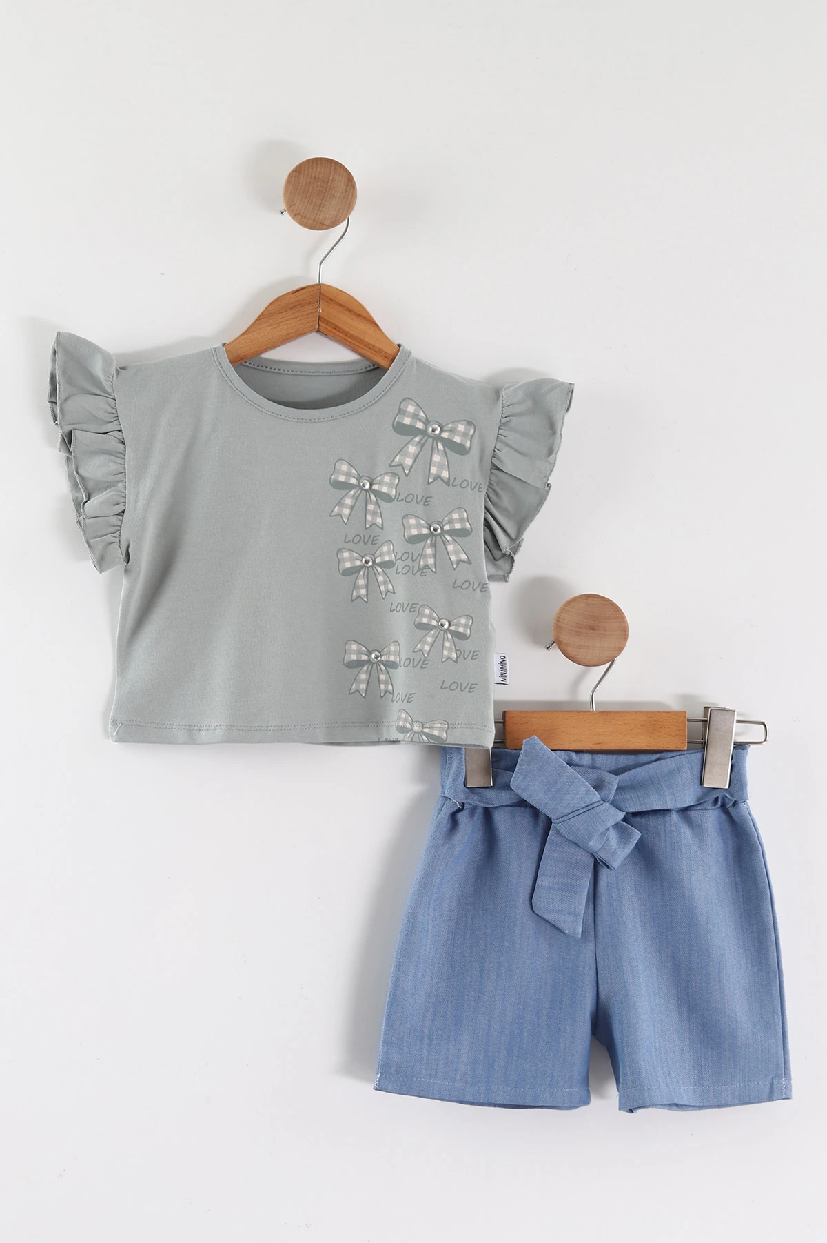 Yeşil (2-5 Yaş)Fiyonk Baskılı Tencel Kumaş Şortlu Kız Çocuk Takım 462560