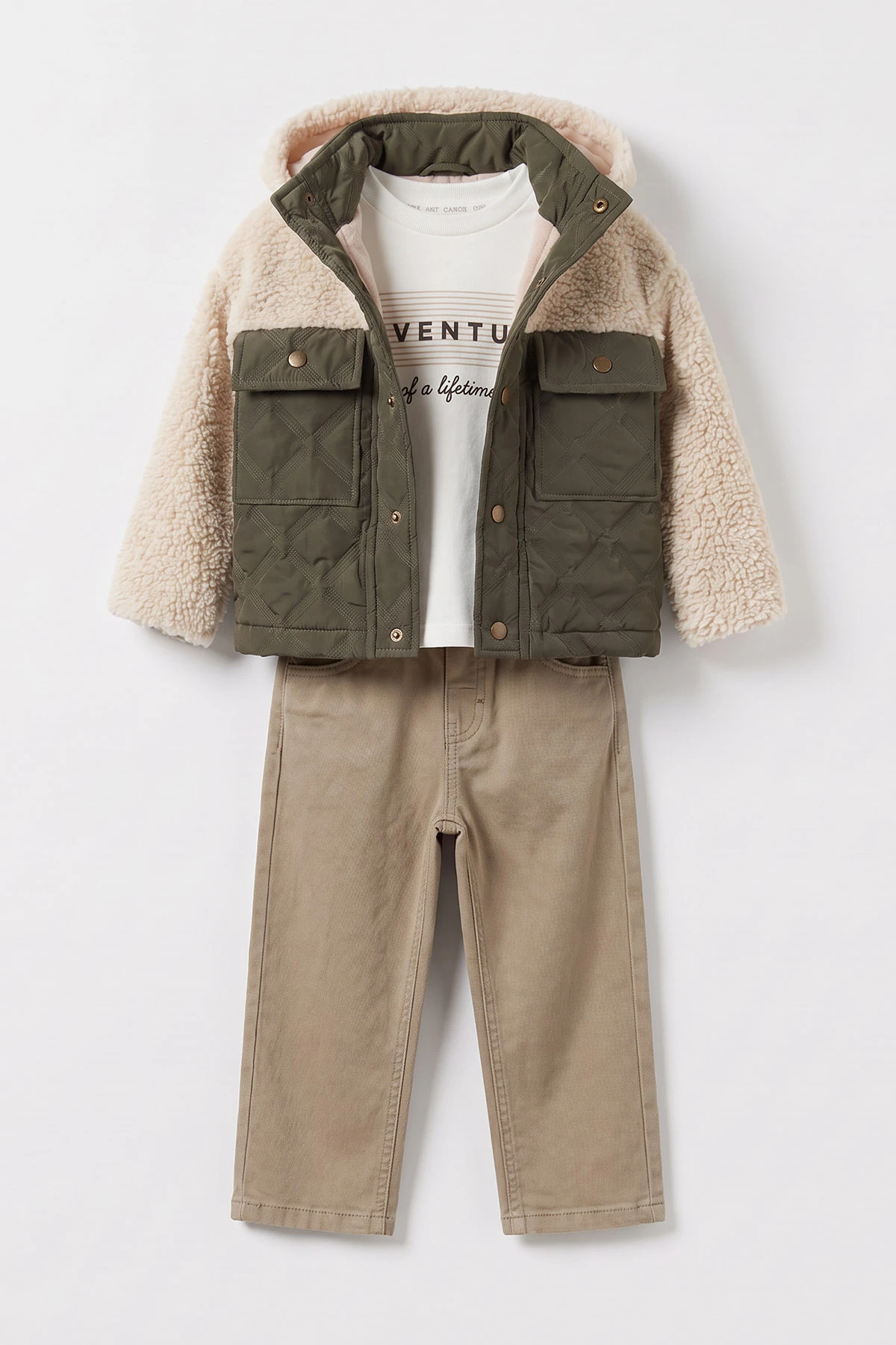 Yeşil (2-6 Yaş) Baskılı Badili Gabardin Pantolonlu ve Montlu Erkek Çocuk 3'lü Takım 499754
