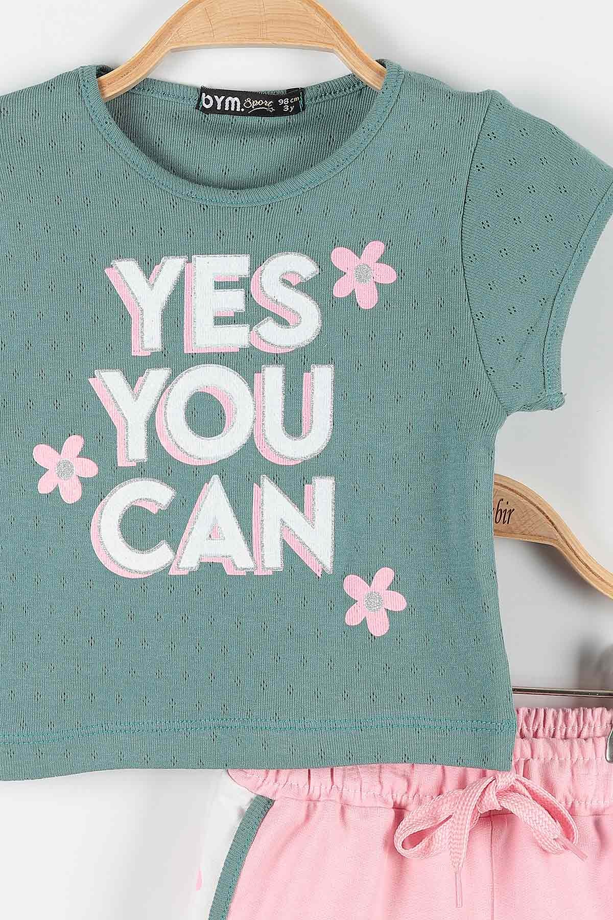 Yeşil (2-6 Yaş) Yes You Can Baskılı Şortlu Kız Çocuk Takım 171441