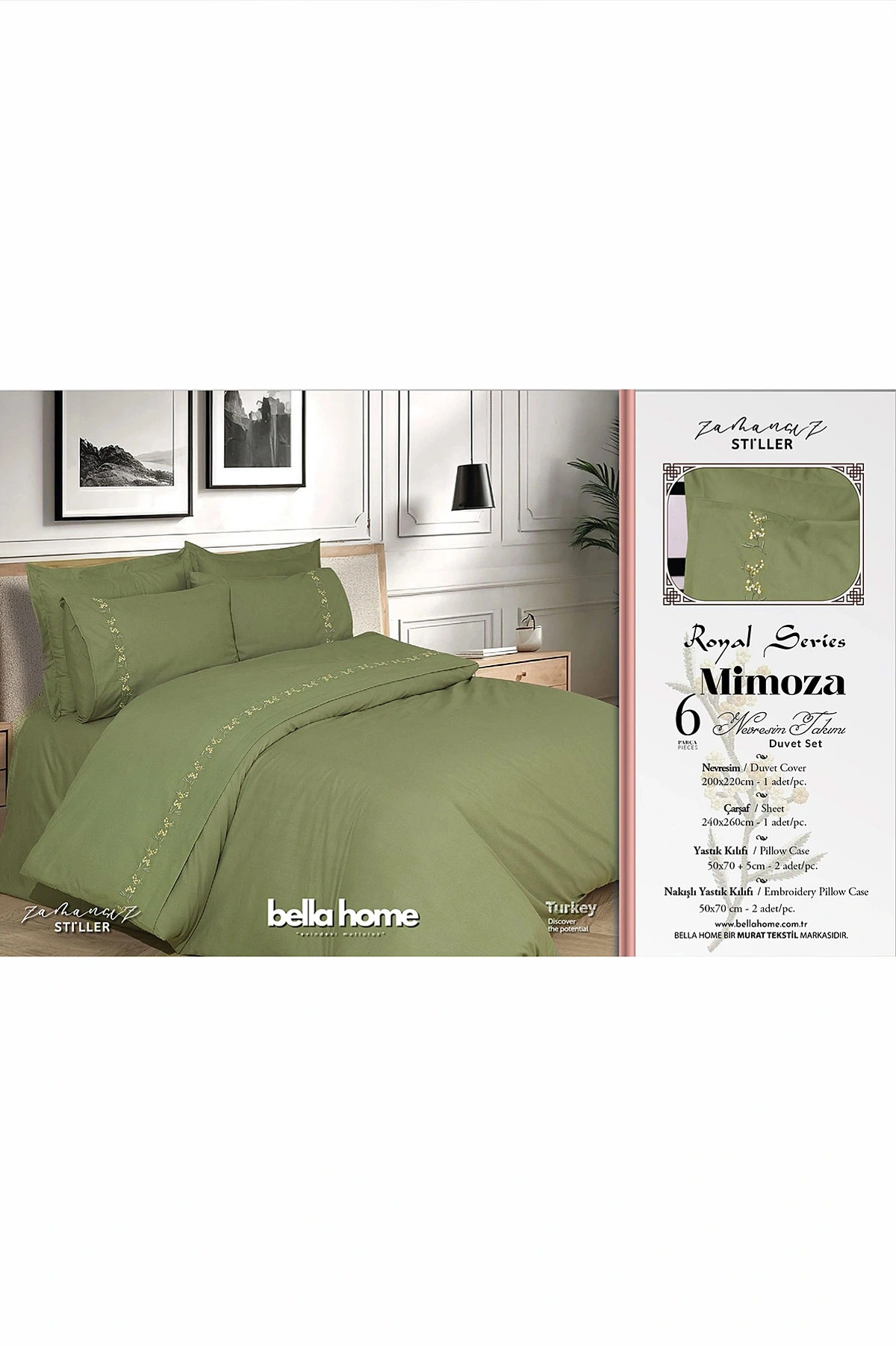 Yeşil 200x220 Cm Bella Home Mimoza Çift Kişilik 6 Parça Nakışlı Nevresim Takımı 474571