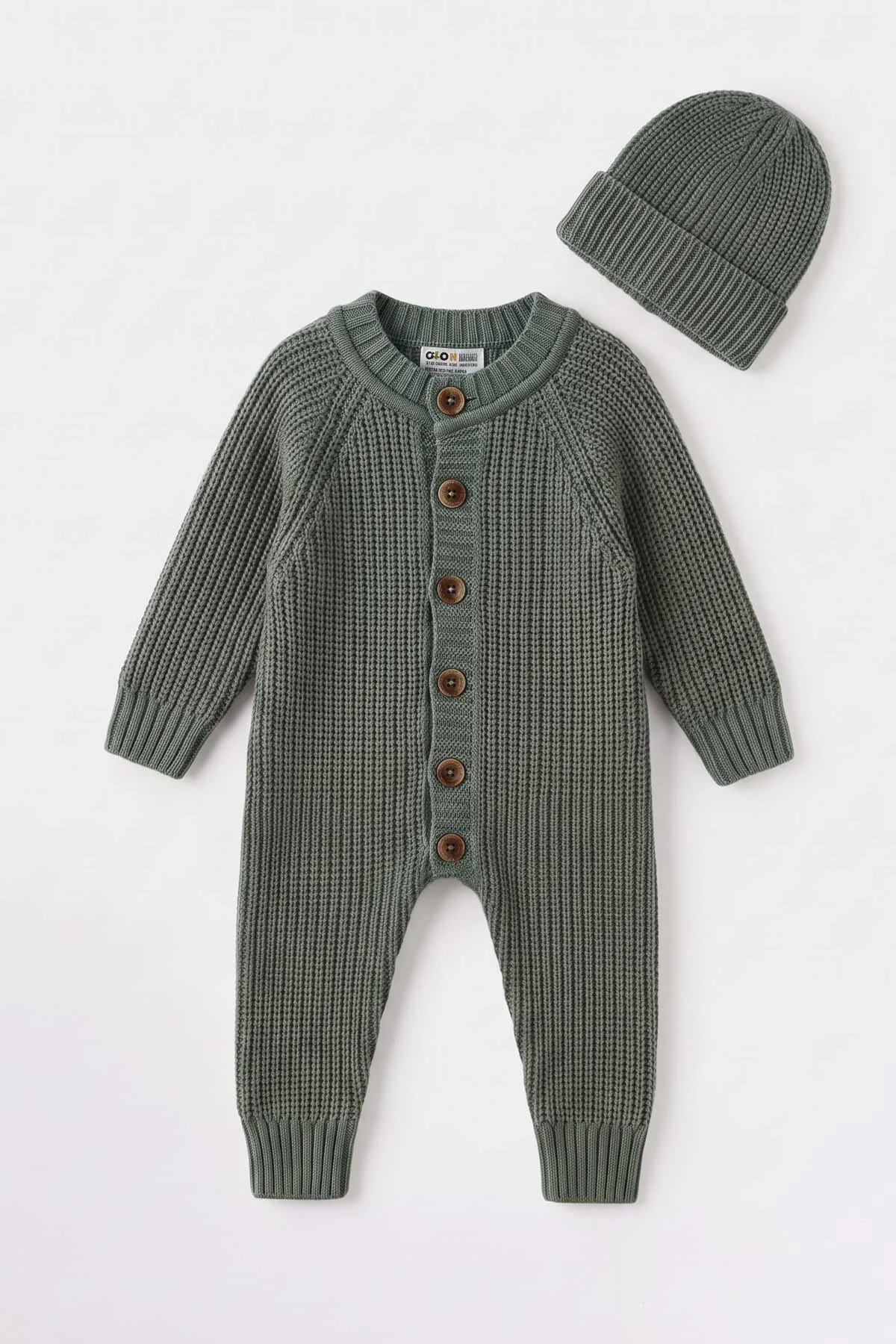 Yeşil (3-12 Ay) Selanik Örgülü Dikişsiz Şapkalı Triko  Bebek Tulum 474369