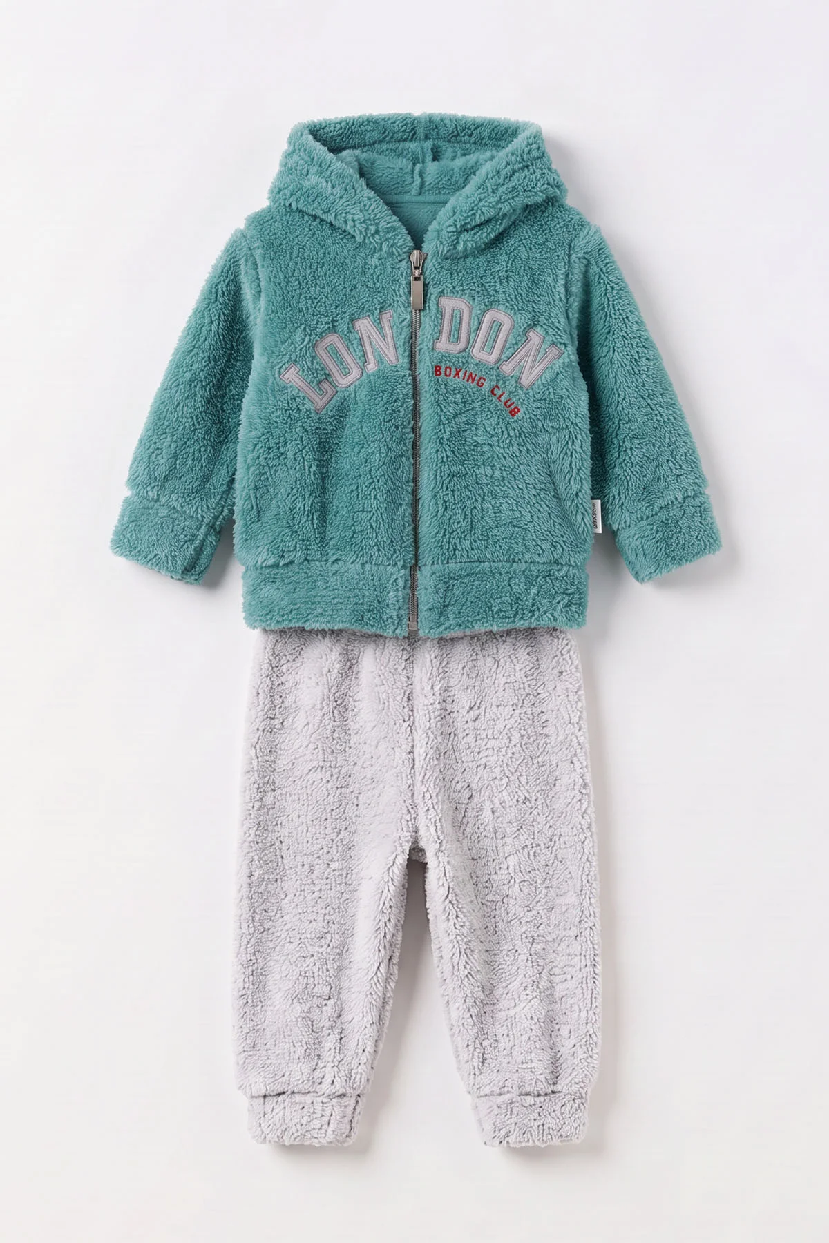 Yeşil (3-24 Ay) London Nakışlı Hırkalı Peluş Erkek Bebek 2'li Takım 498181