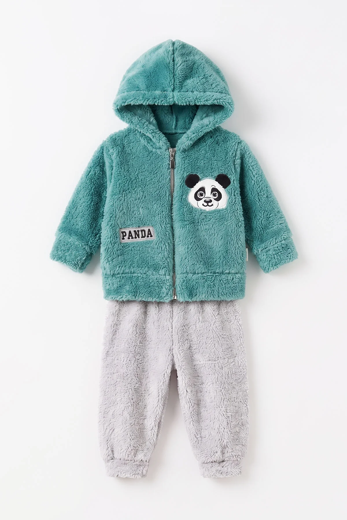 Yeşil (3-24 Ay) Panda Nakışlı Fermuarlı ve Kapüşonlu Erkek Bebek Peluş Takım 497029