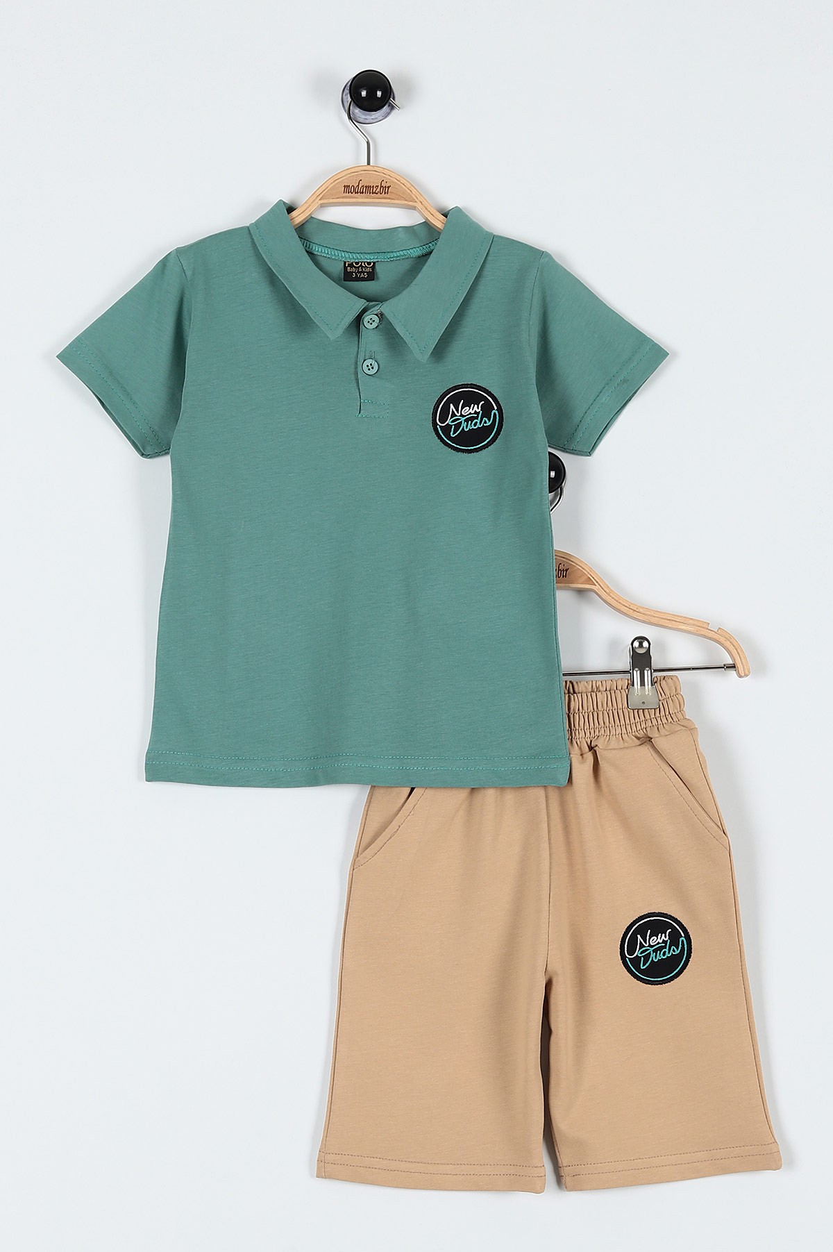 Yeşil (3-6 Yaş) New Duds Nakışlı Yakalı Düğme Detaylı Erkek Bebe Takım 183591
