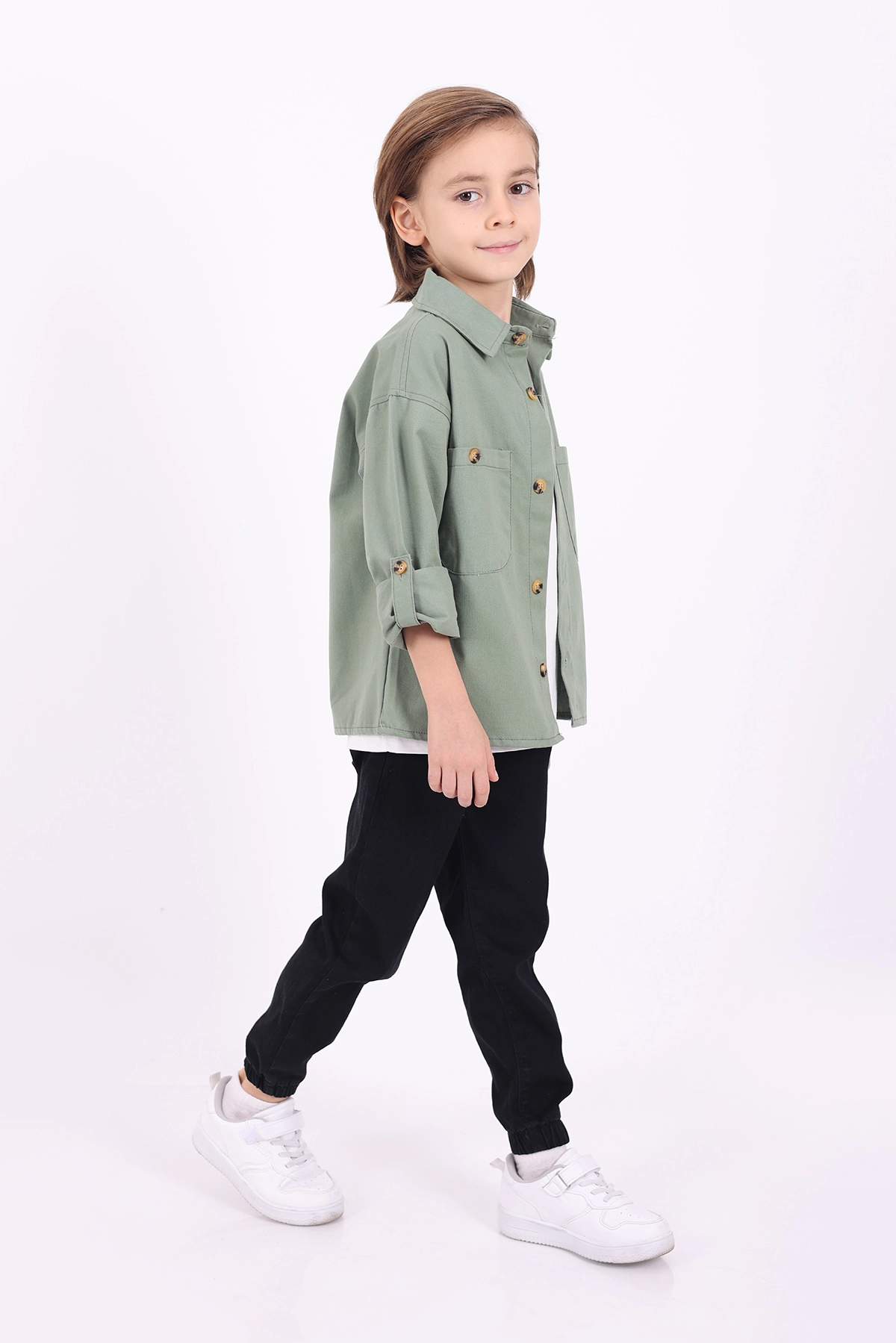 Yeşil (5-14 Yaş) Çift Cepli Oversize Kalıp Erkek Çocuk Gabardin Gömlek 323435