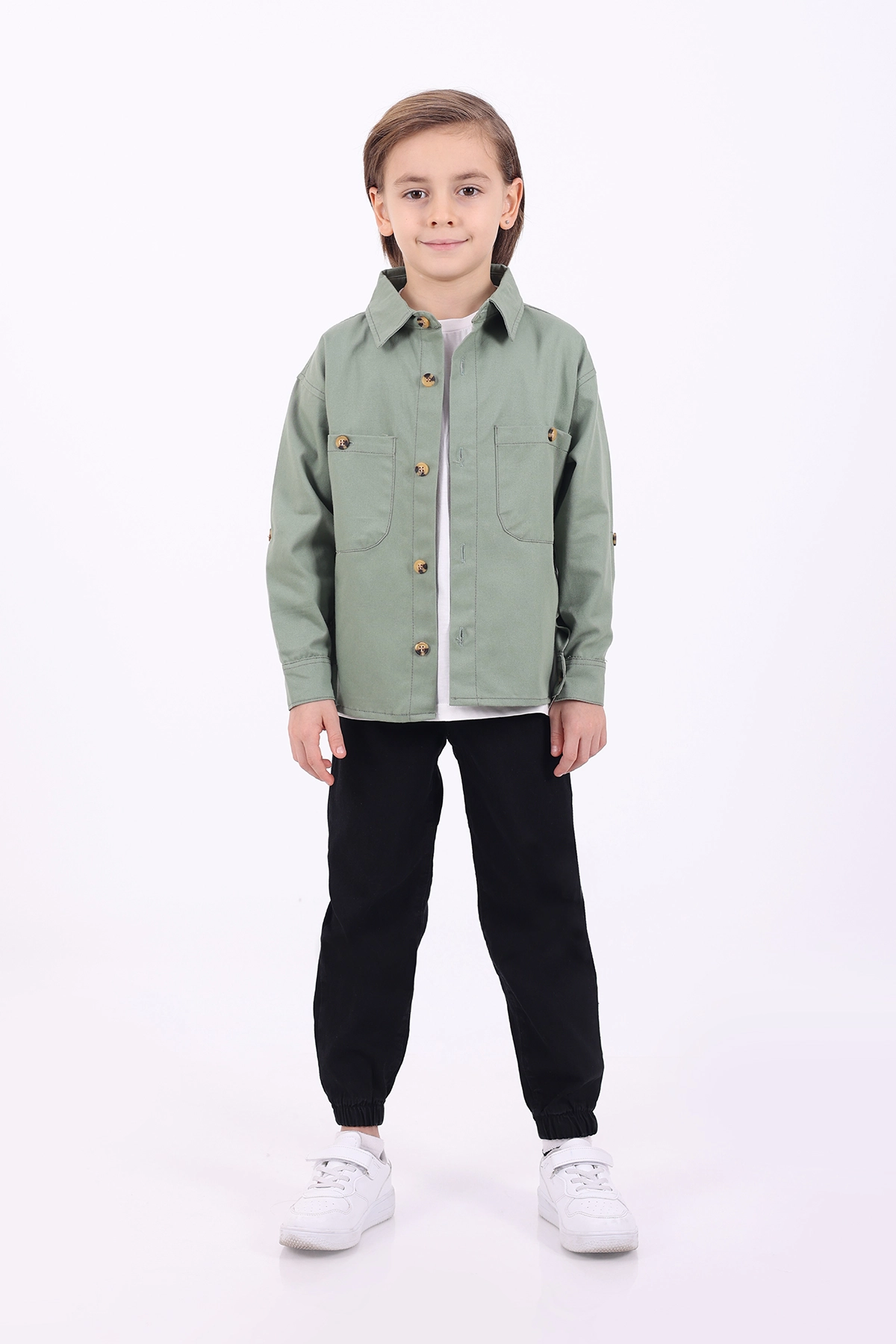 Yeşil (5-14 Yaş) Çift Cepli Oversize Kalıp Erkek Çocuk Gabardin Gömlek 323435