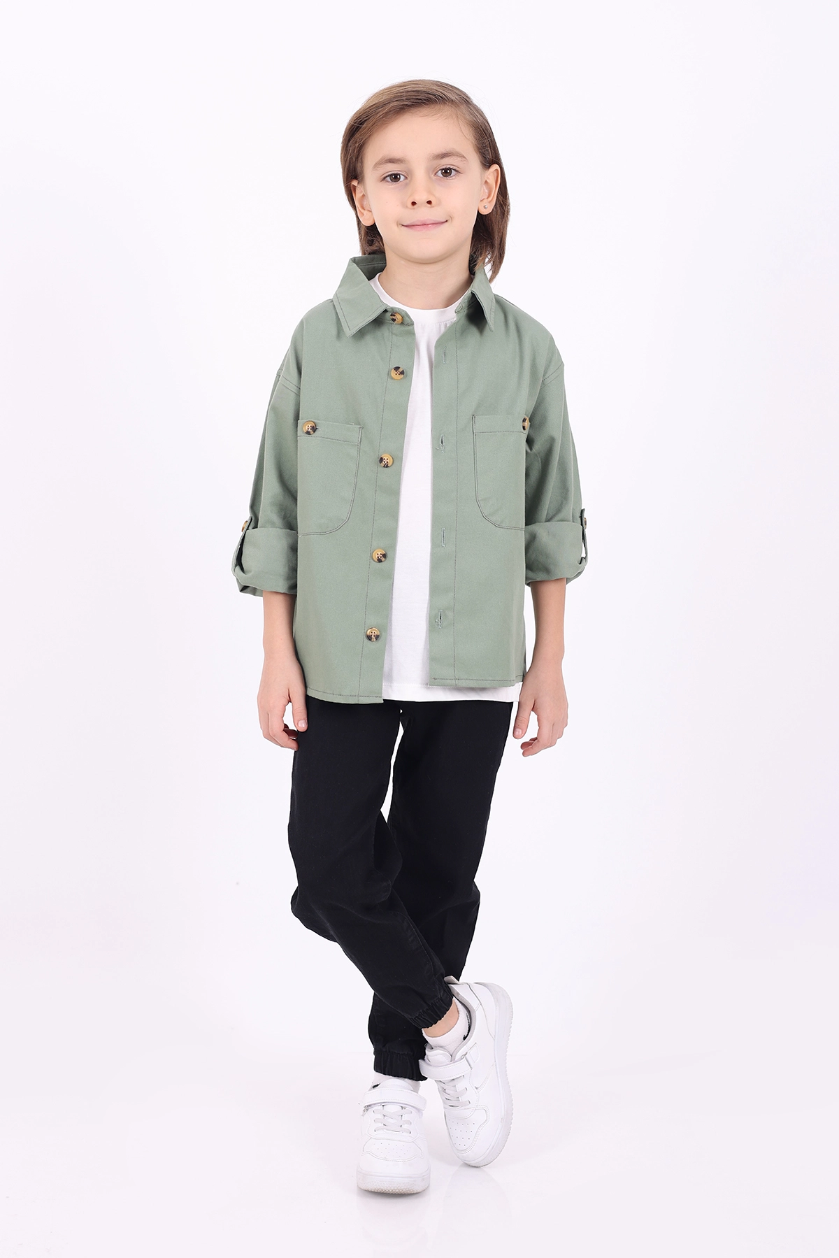 Yeşil (5-14 Yaş) Çift Cepli Oversize Kalıp Erkek Çocuk Gabardin Gömlek 323435