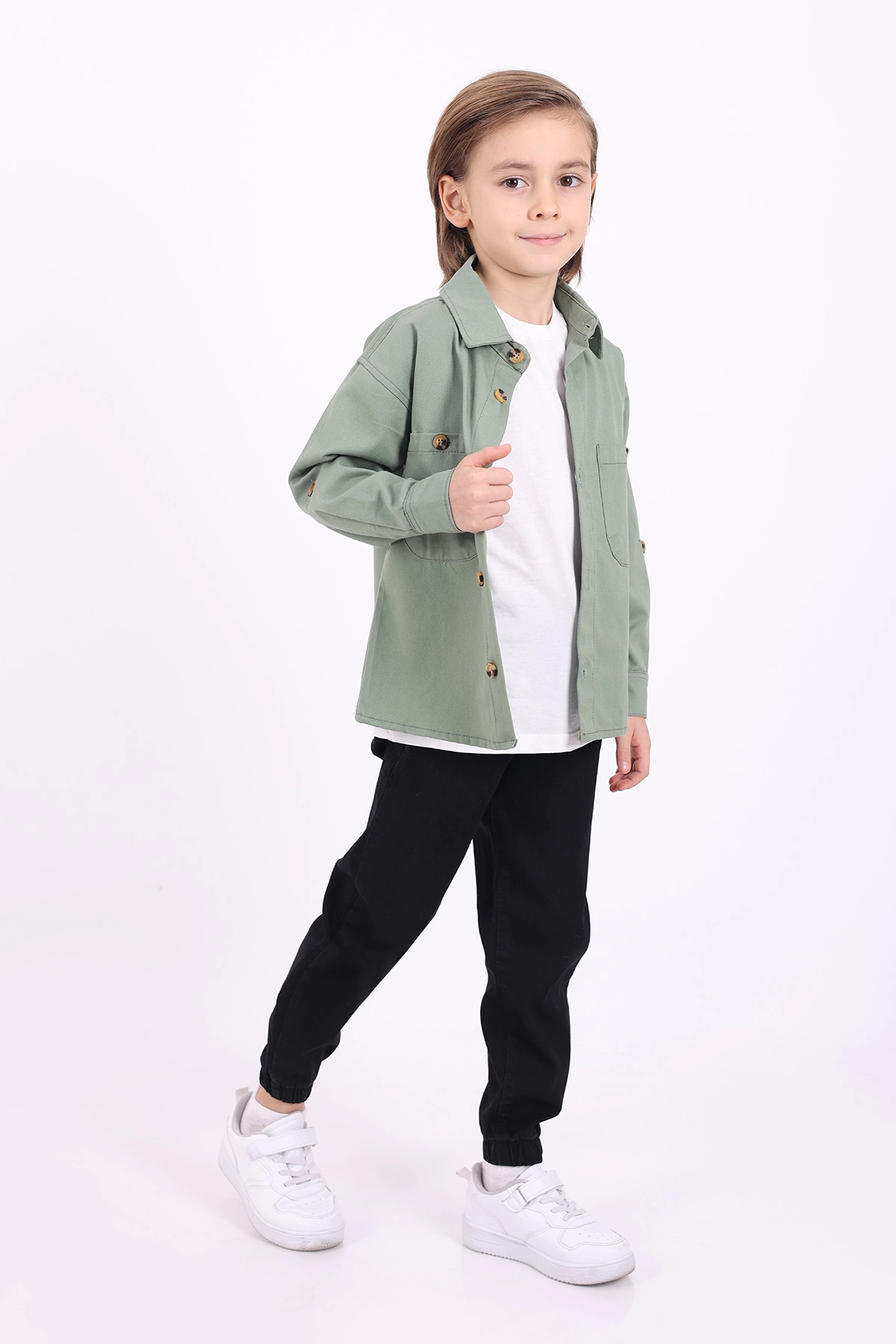 Yeşil (5-14 Yaş) Çift Cepli Oversize Kalıp Erkek Çocuk Gabardin Gömlek 323435