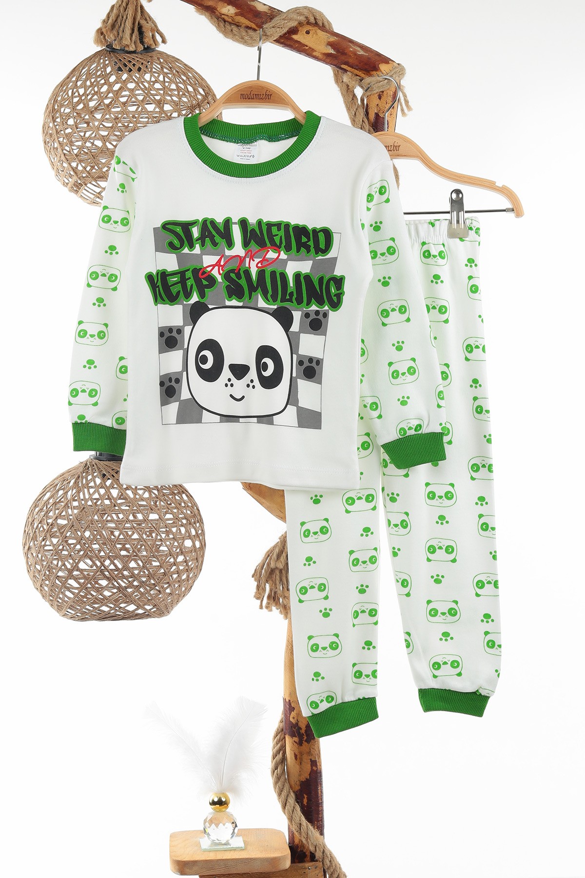 Yeşil (4-6 Yaş) Sevimli Panda Baskılı Erkek Çocuk Pijama Takım 137325