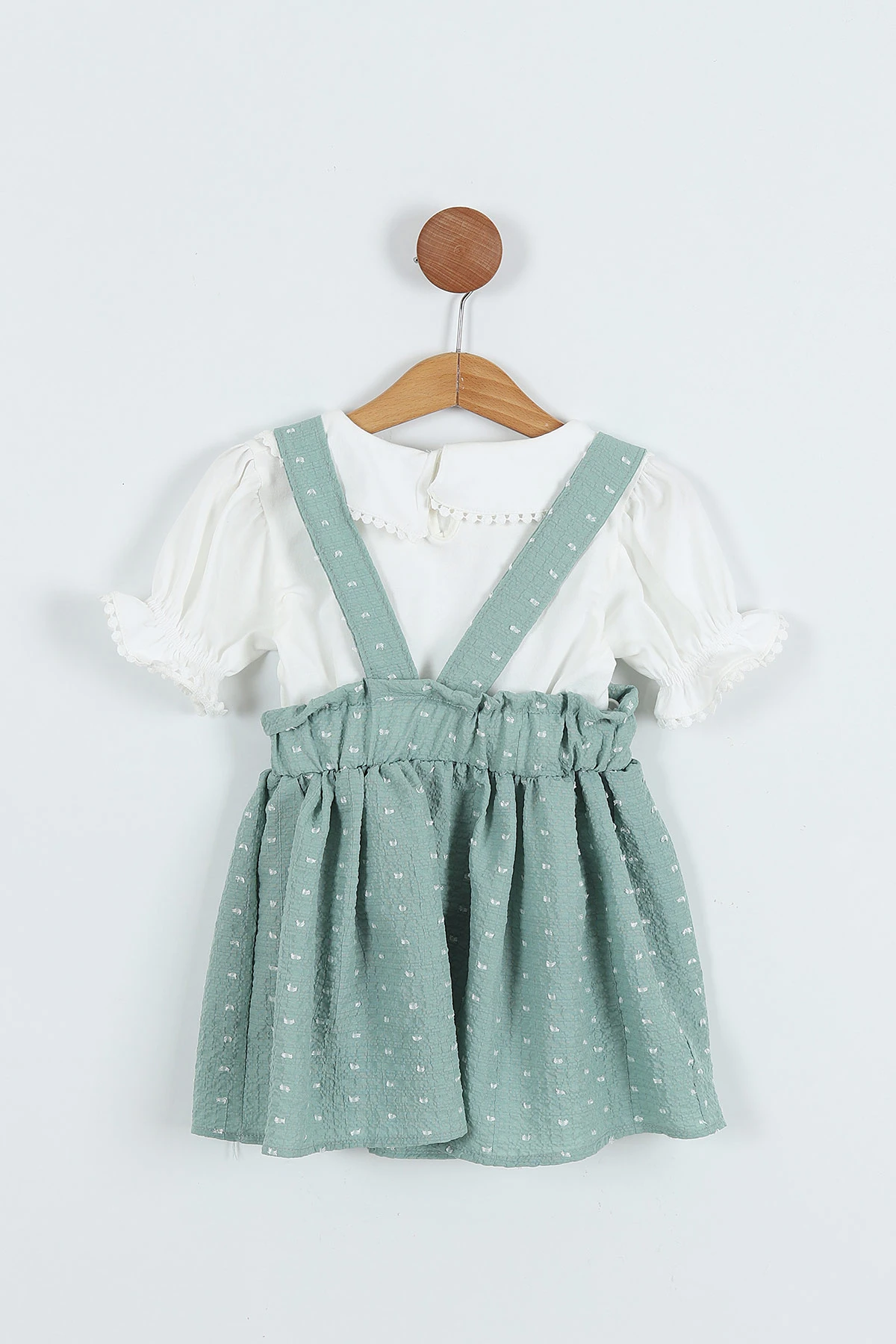 Yeşil (4-8 Yaş) Papatya Tokalı Bebe Yaka Kız Çocuk Salopet Takım 276849