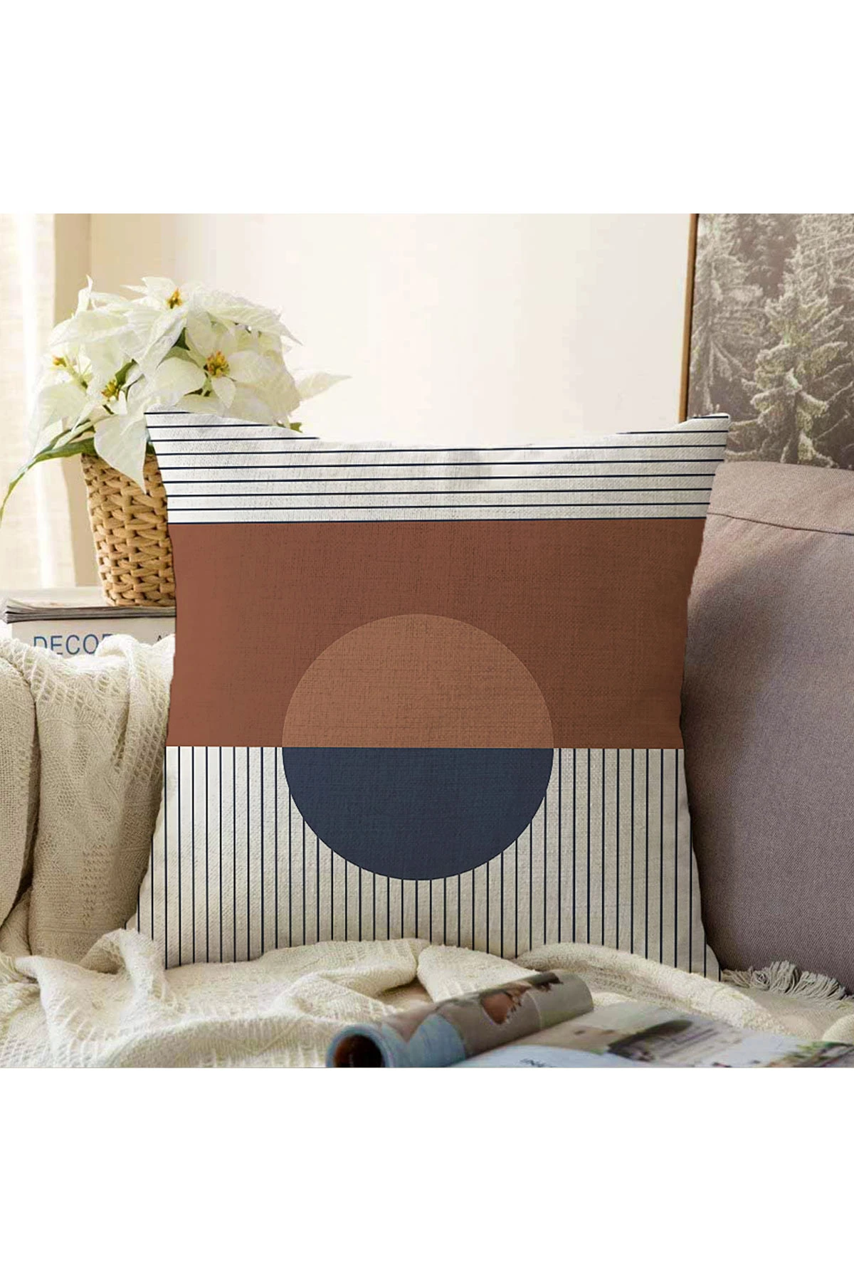 Kahverengi 43x43 Dijital Baskılı Fermuarlı Modern Kırlent Kılıfı 272900