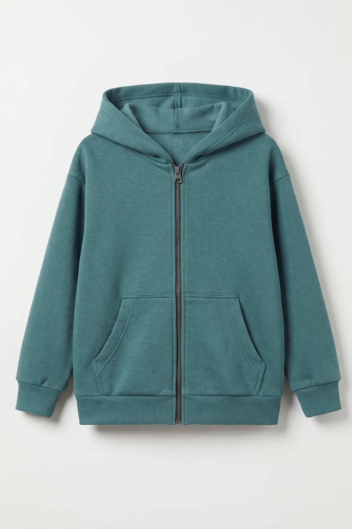 Yeşil (5-12 Yaş) Baskısız Fermuarlı Kapüşonlu 3 ip Şardonlu Erkek Çocuk Sweatshirt 483573